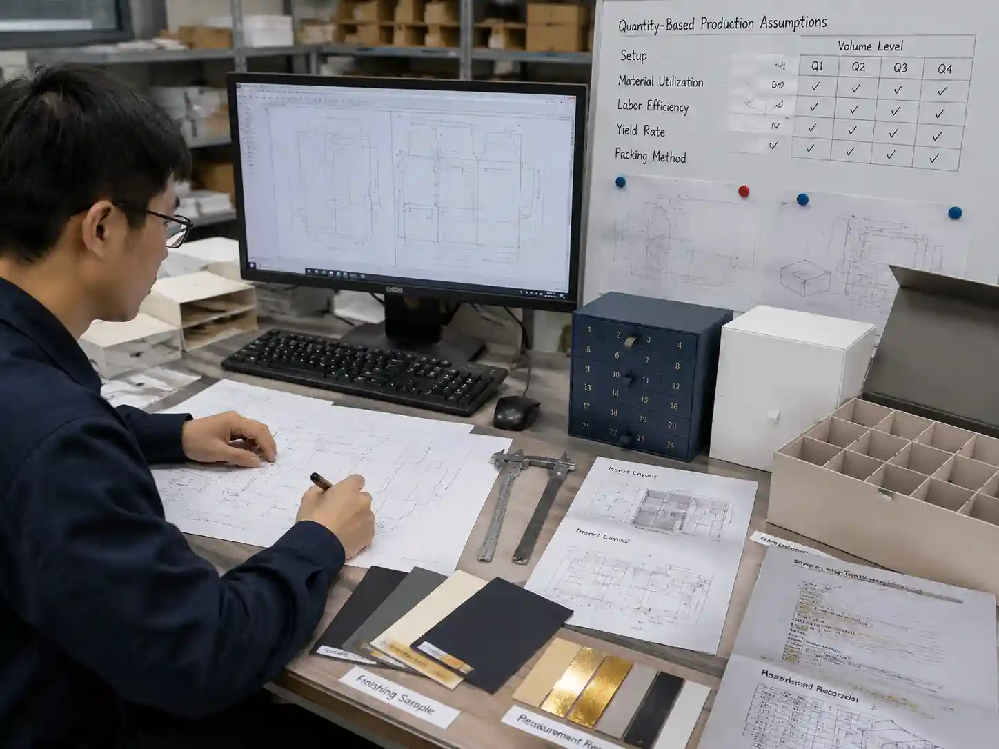 Packaging engineering team reviewing production planning records for quantity-based advent calendar quotations