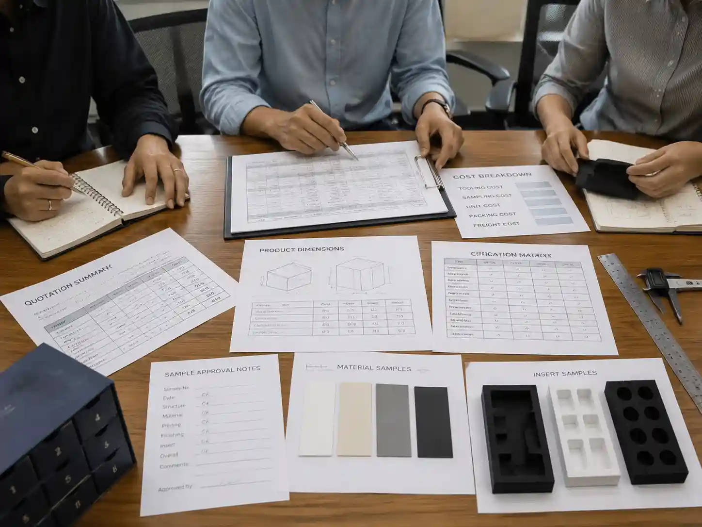 Packaging buyers reviewing advent calendar packaging cost components with quotation sheets, specifications, samples, and approval records.