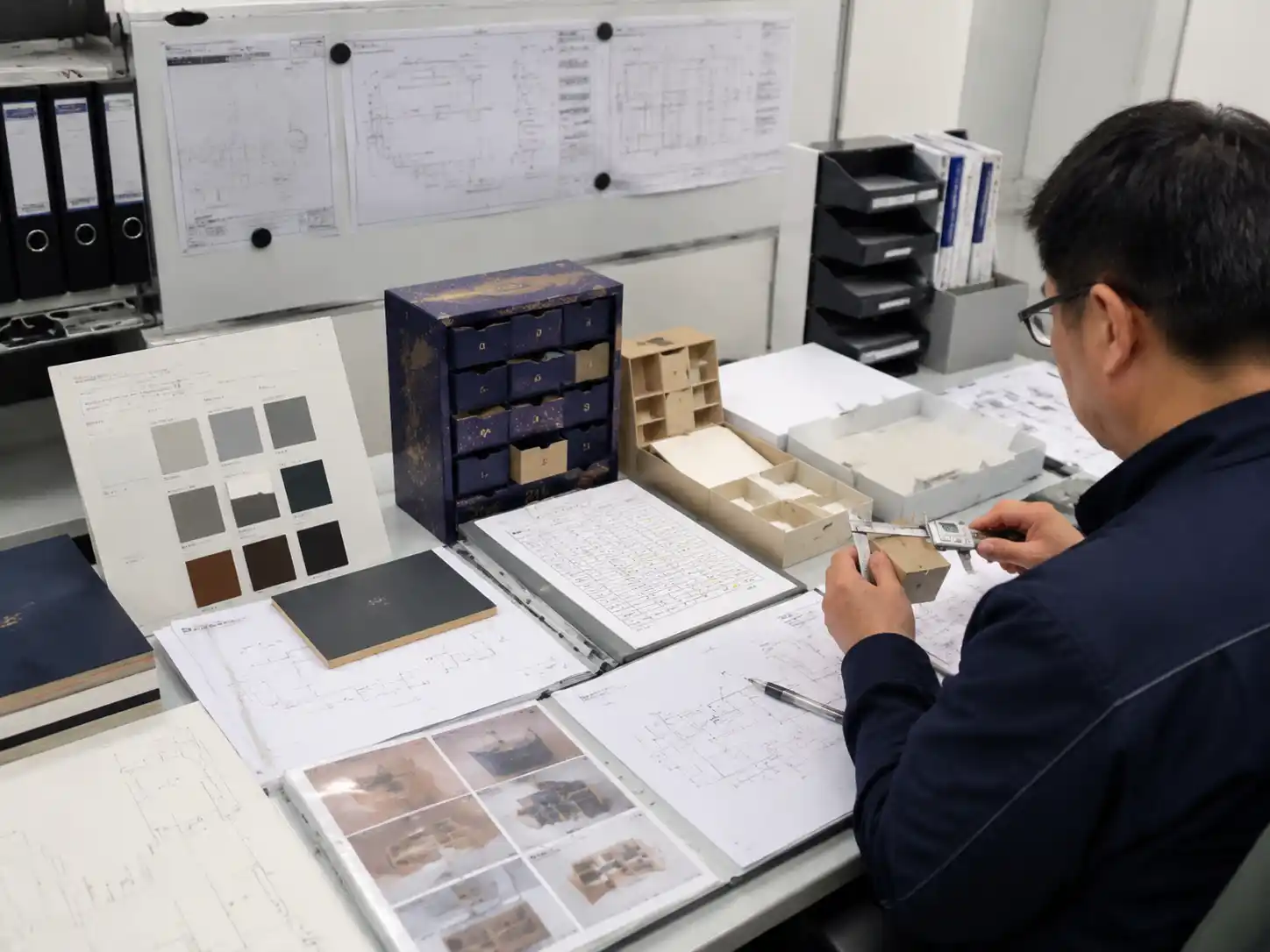 Packaging engineers verifying tooling and sampling cost factors using drawings, prototypes, measurements, and production records.