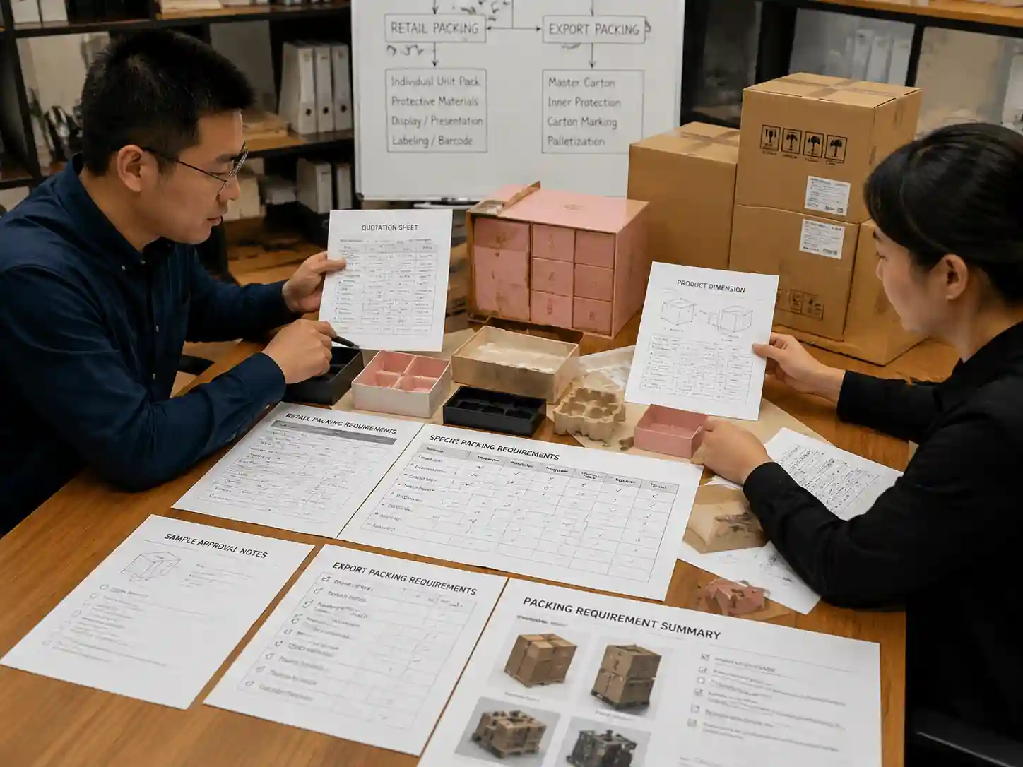 Packaging buyers reviewing retail packing and export packing RFQ specifications with quotation documents and approval samples