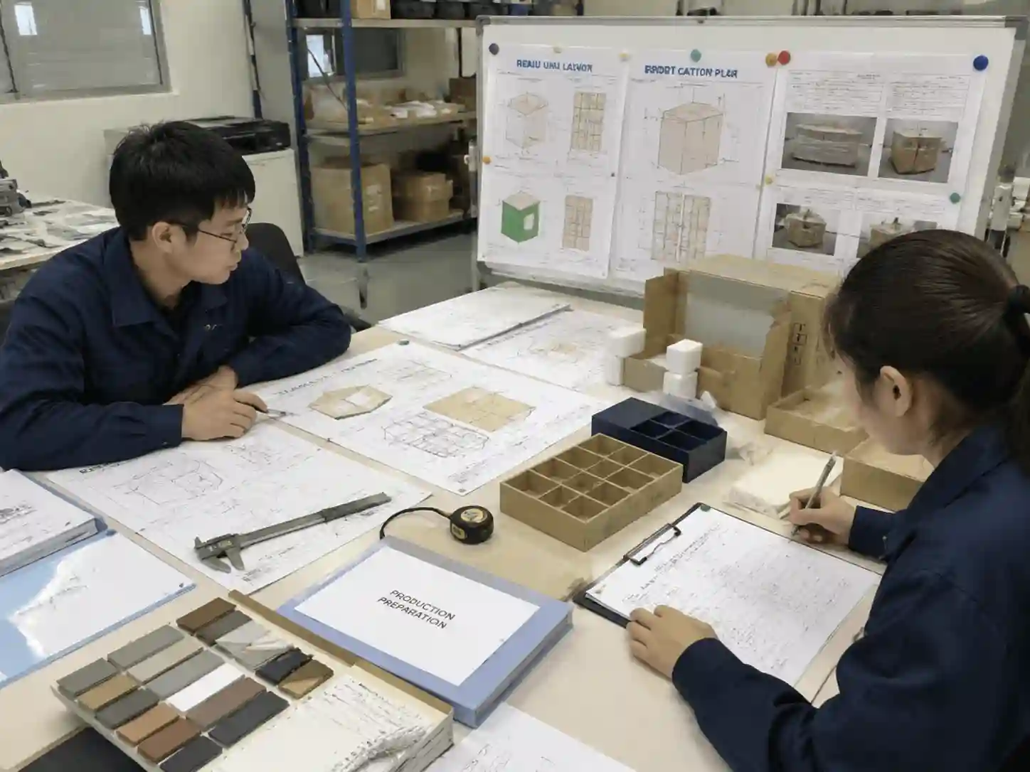 Packaging engineers verifying retail and export packing requirements using drawings, samples, and measurement records