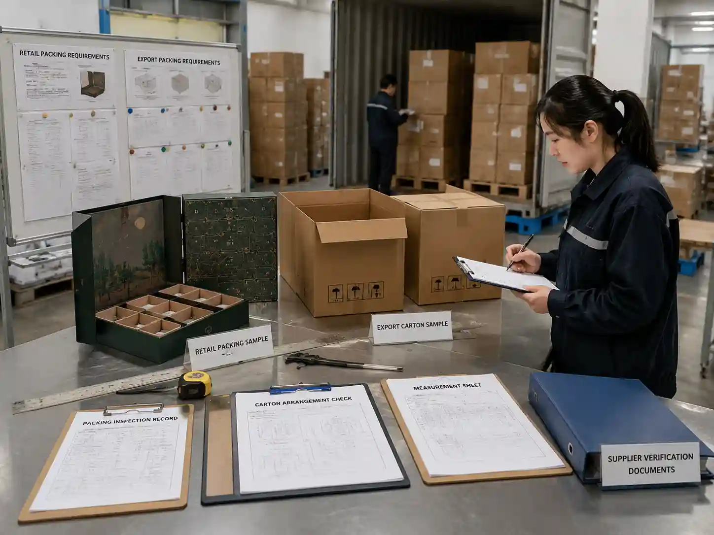 QC staff verifying retail and export packing specifications with inspection records and export cartons
