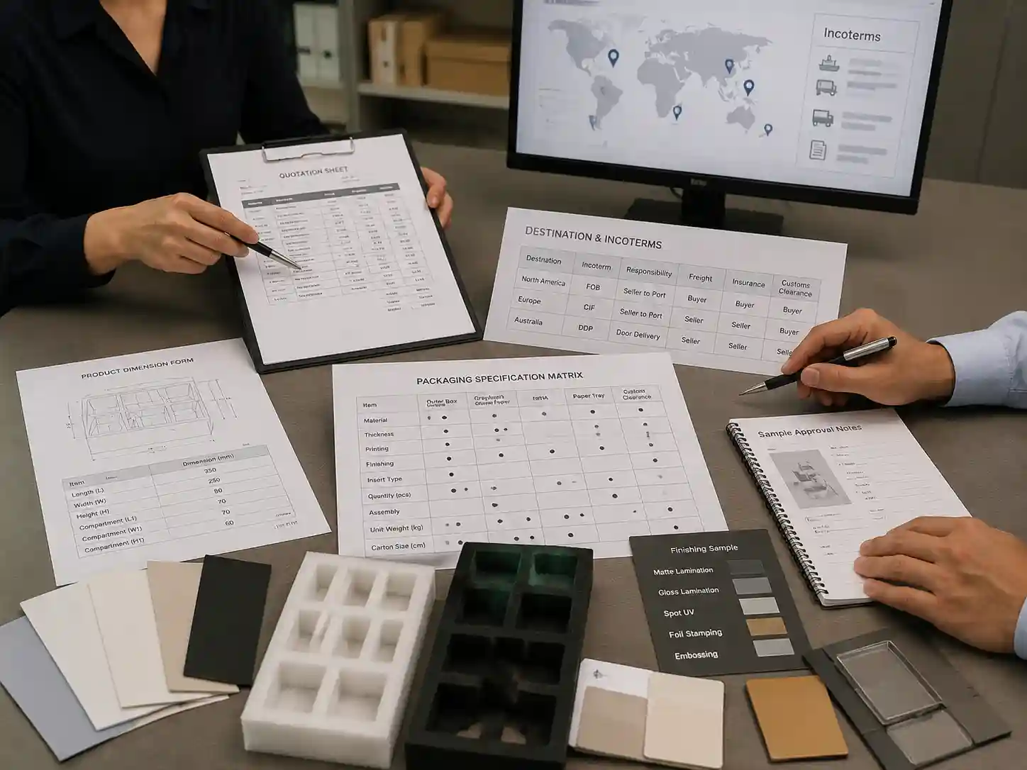 Packaging buyers reviewing delivery destination and Incoterm requirements for an advent calendar box quotation