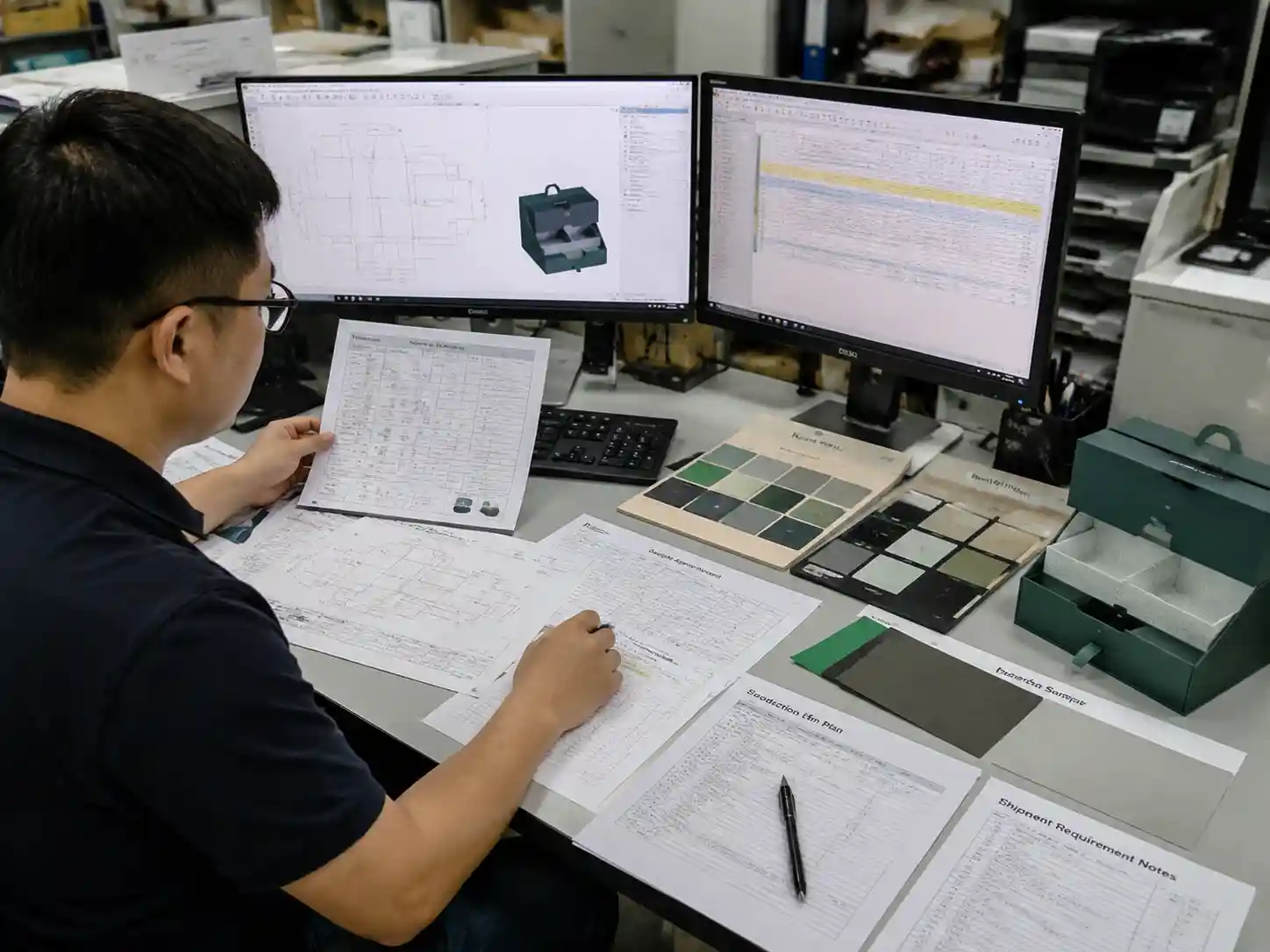 Packaging engineering team verifying quotation specifications and delivery requirements before production