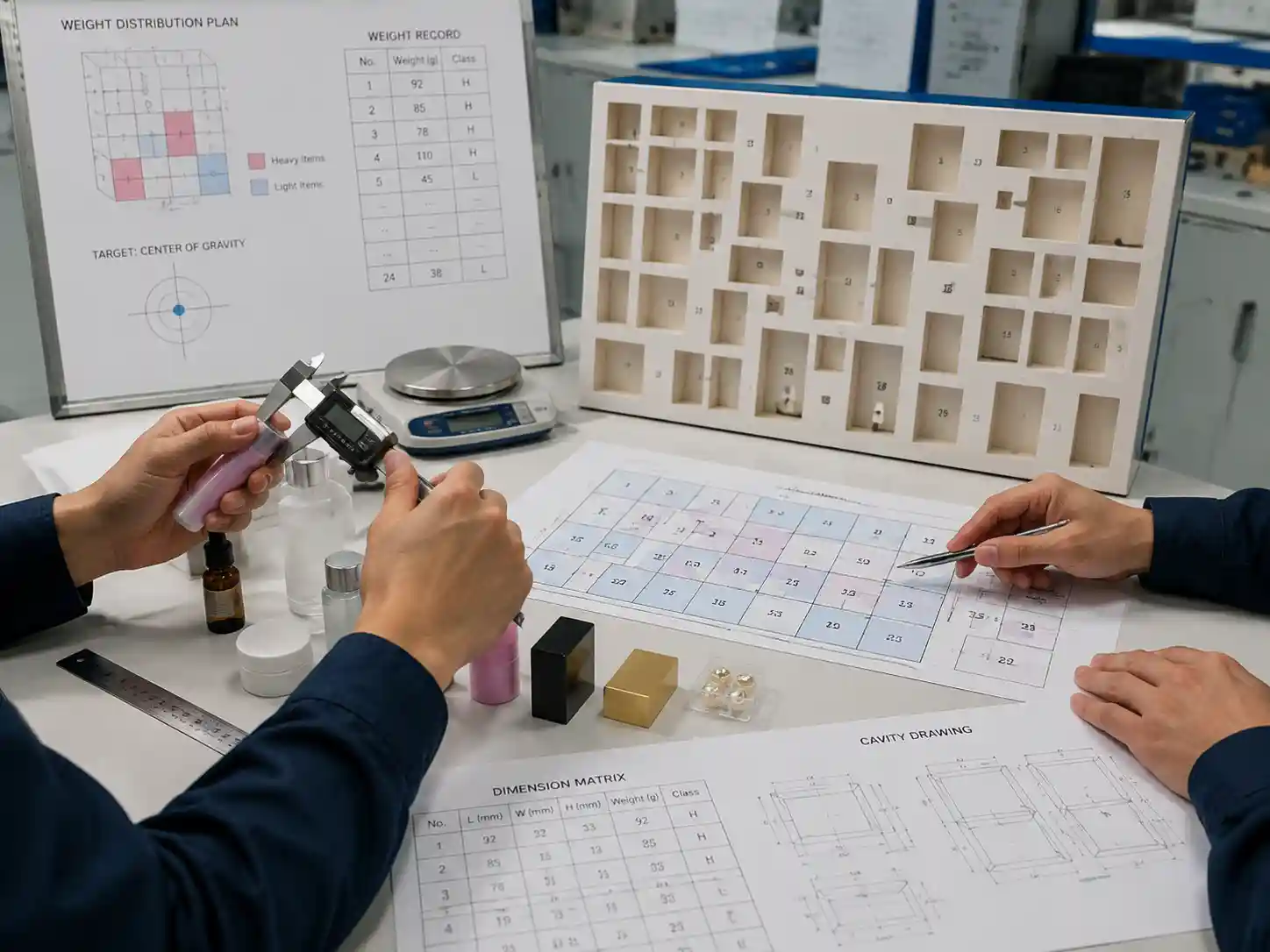 Packaging engineers reviewing advent calendar weight distribution using product measurements, cavity drawings, and insert prototypes.