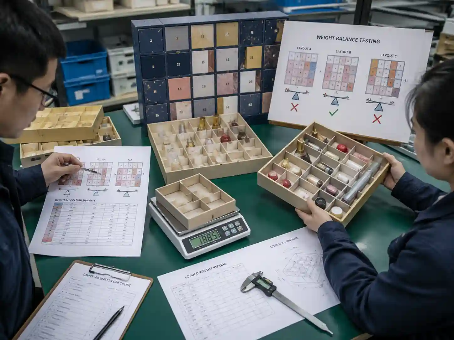 Engineers validating heavy and light product placement inside advent calendar insert prototypes with weight records.