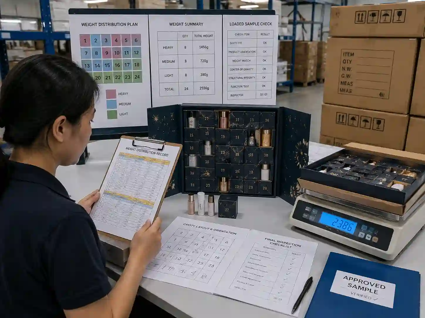 QC staff verifying advent calendar weight distribution records, loaded samples, and inspection documents.