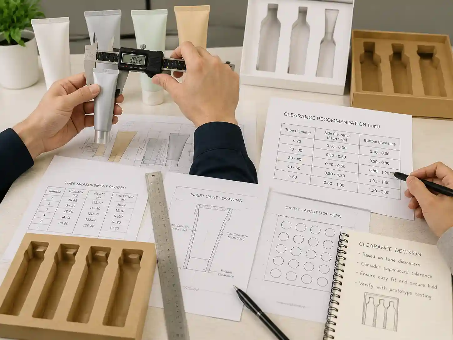 Packaging engineers measuring cosmetic tubes and reviewing paper insert cavity clearance dimensions.
