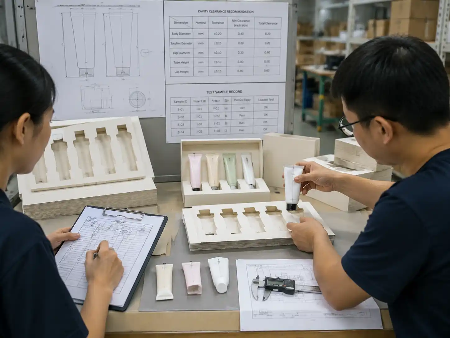 Engineers validating cosmetic tube insert prototypes with product samples and tolerance records.