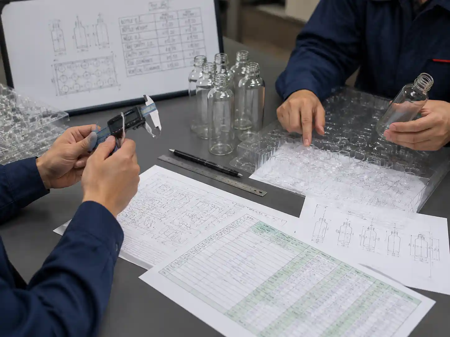 Packaging engineers measuring glass bottle dimensions and PET tray cavity clearance during packaging design review
