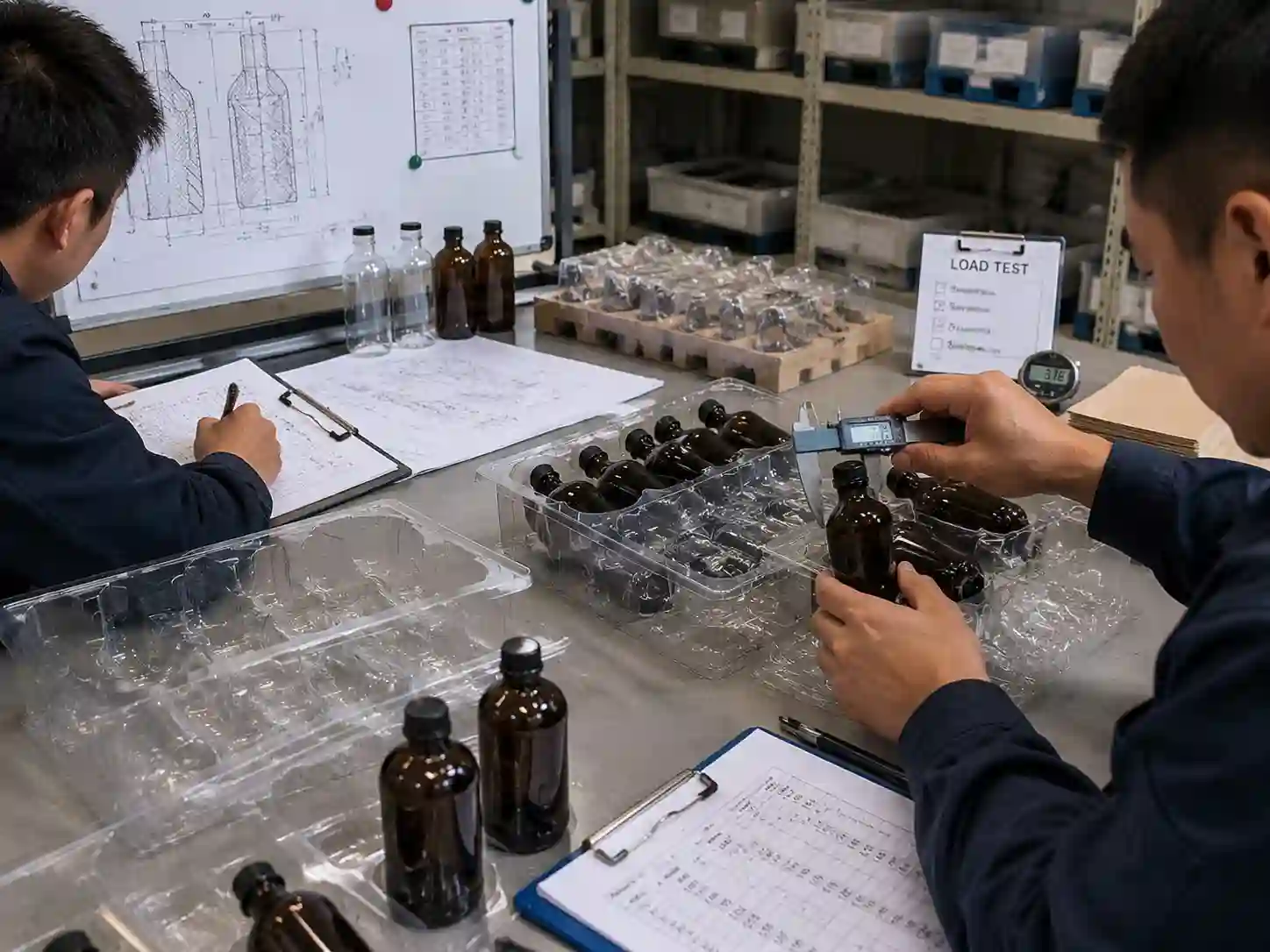 Packaging engineers validating glass bottle fit inside PET tray prototypes with tolerance records and sample testing