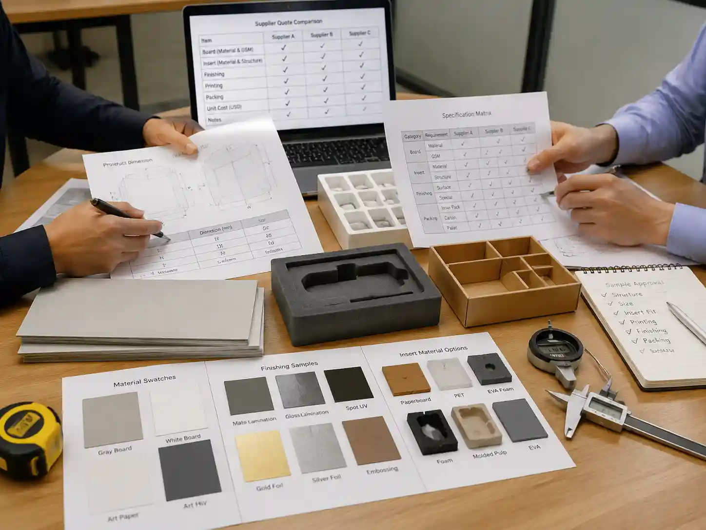 Packaging buyers comparing advent calendar supplier quotations with board, insert, finish, and packing specifications