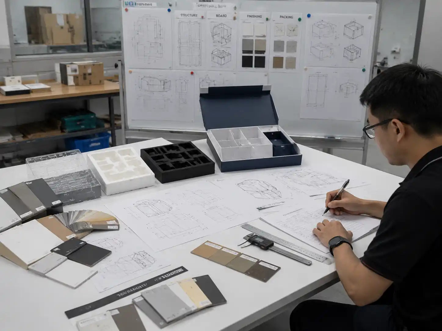 Packaging engineers verifying advent calendar box specifications and supplier quotation details