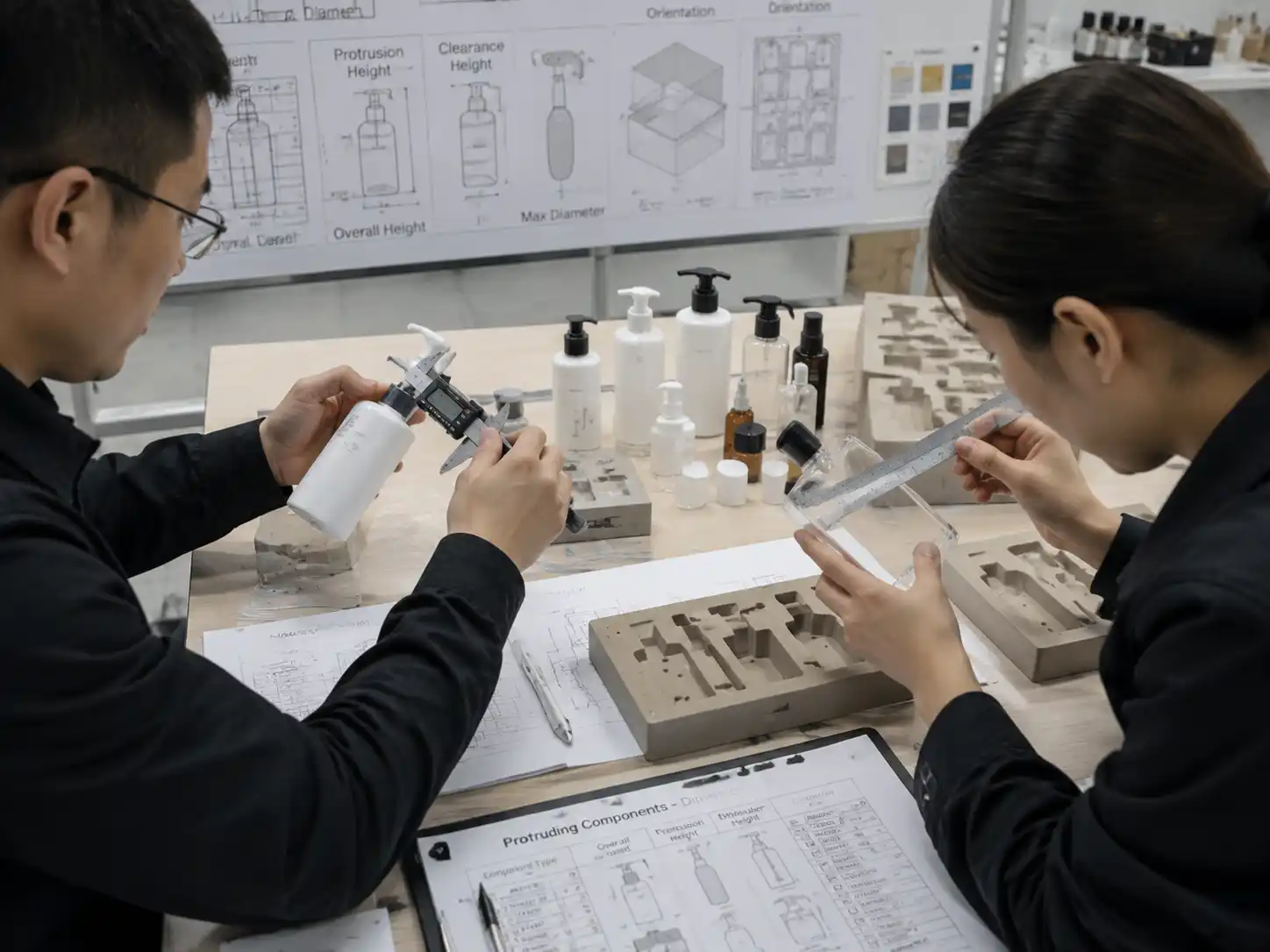 Packaging engineers measuring product dimensions for protruding caps pumps and handles using calipers and cavity drawings