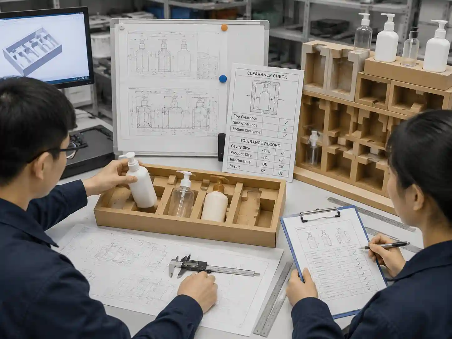 Packaging engineers validating insert prototypes and clearance for products with protruding caps pumps and handles