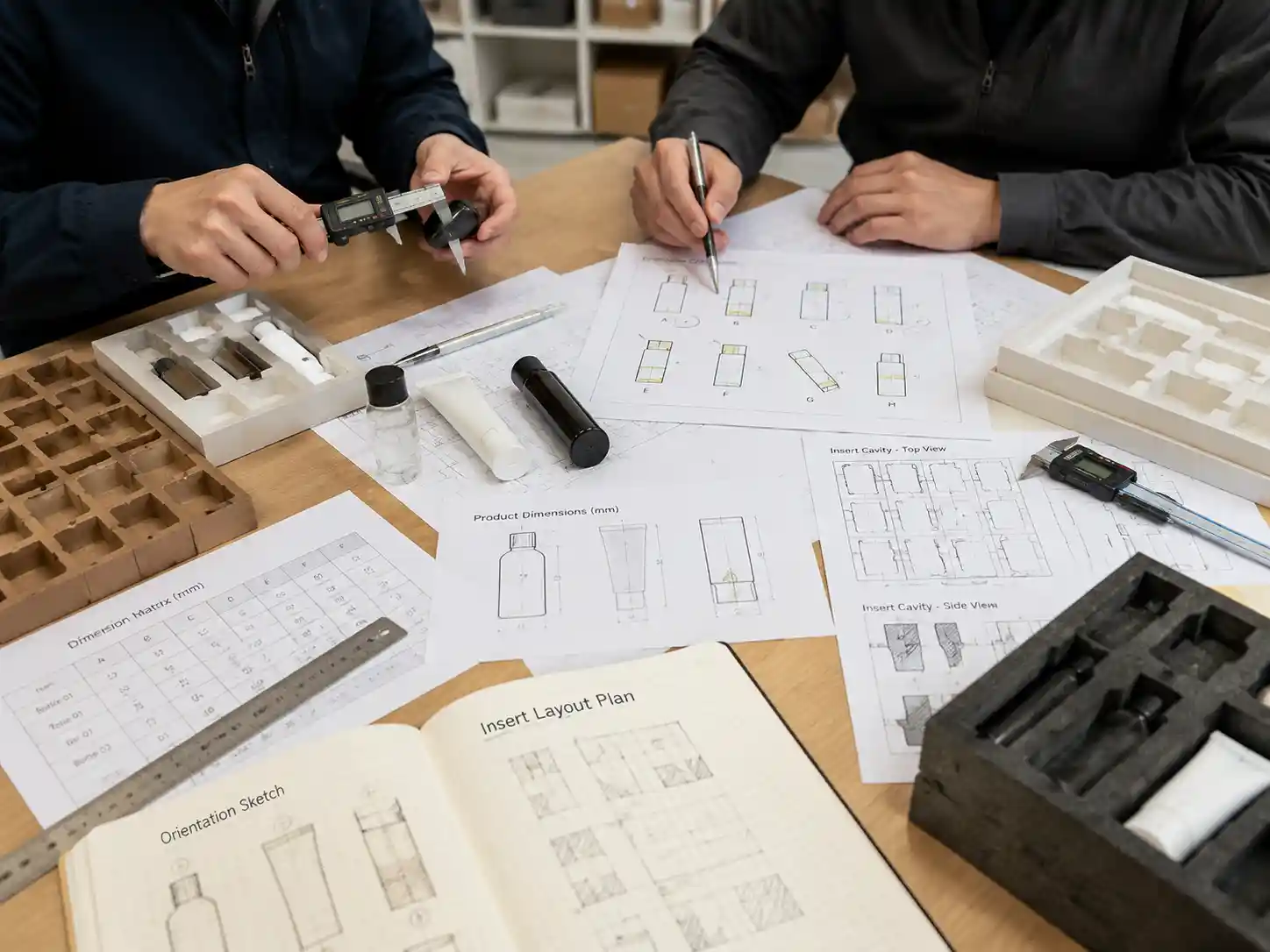 Packaging engineers recording product orientation measurements for insert design using samples, calipers, and cavity drawings.
