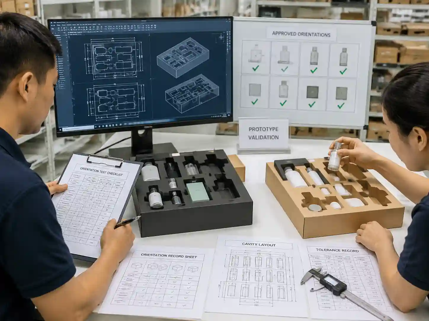 Packaging engineers validating product orientation inside insert prototypes with drawings and sample testing records.