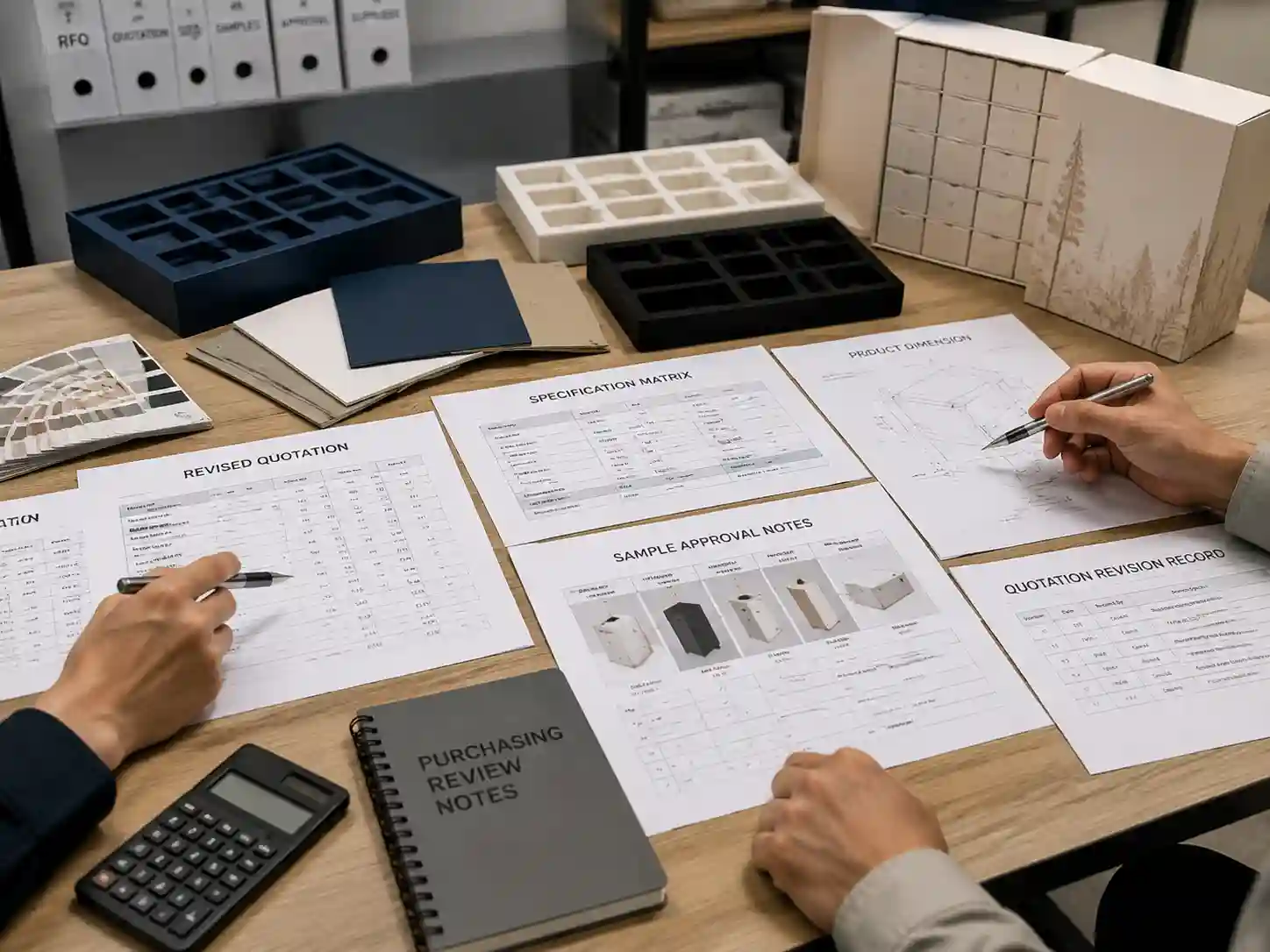 Packaging buyers reviewing revised quotation documents, specifications, samples, and approval records before quotation approval.