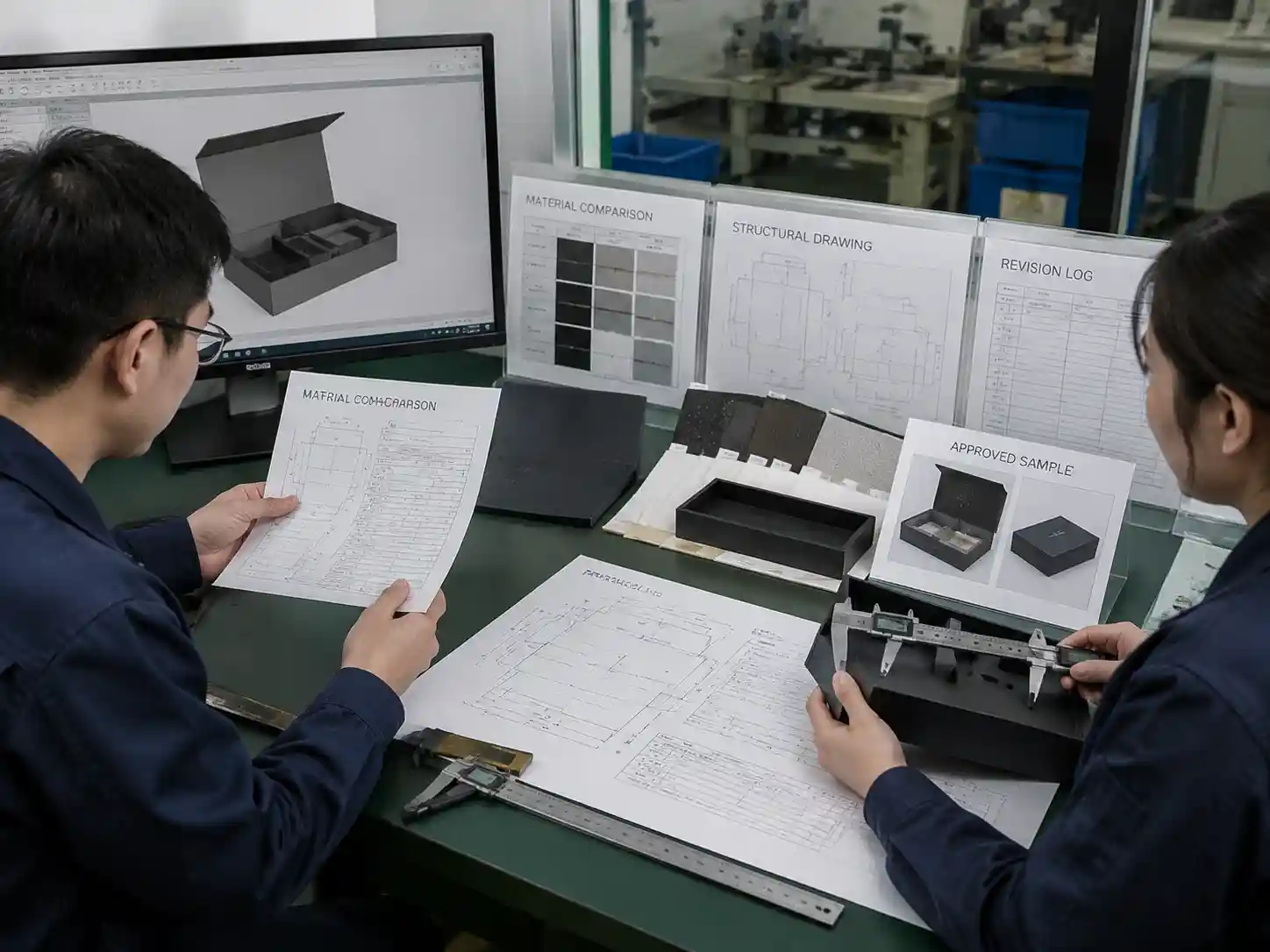 Packaging engineers verifying revised quotation specifications with drawings, measurements, samples, and production records.