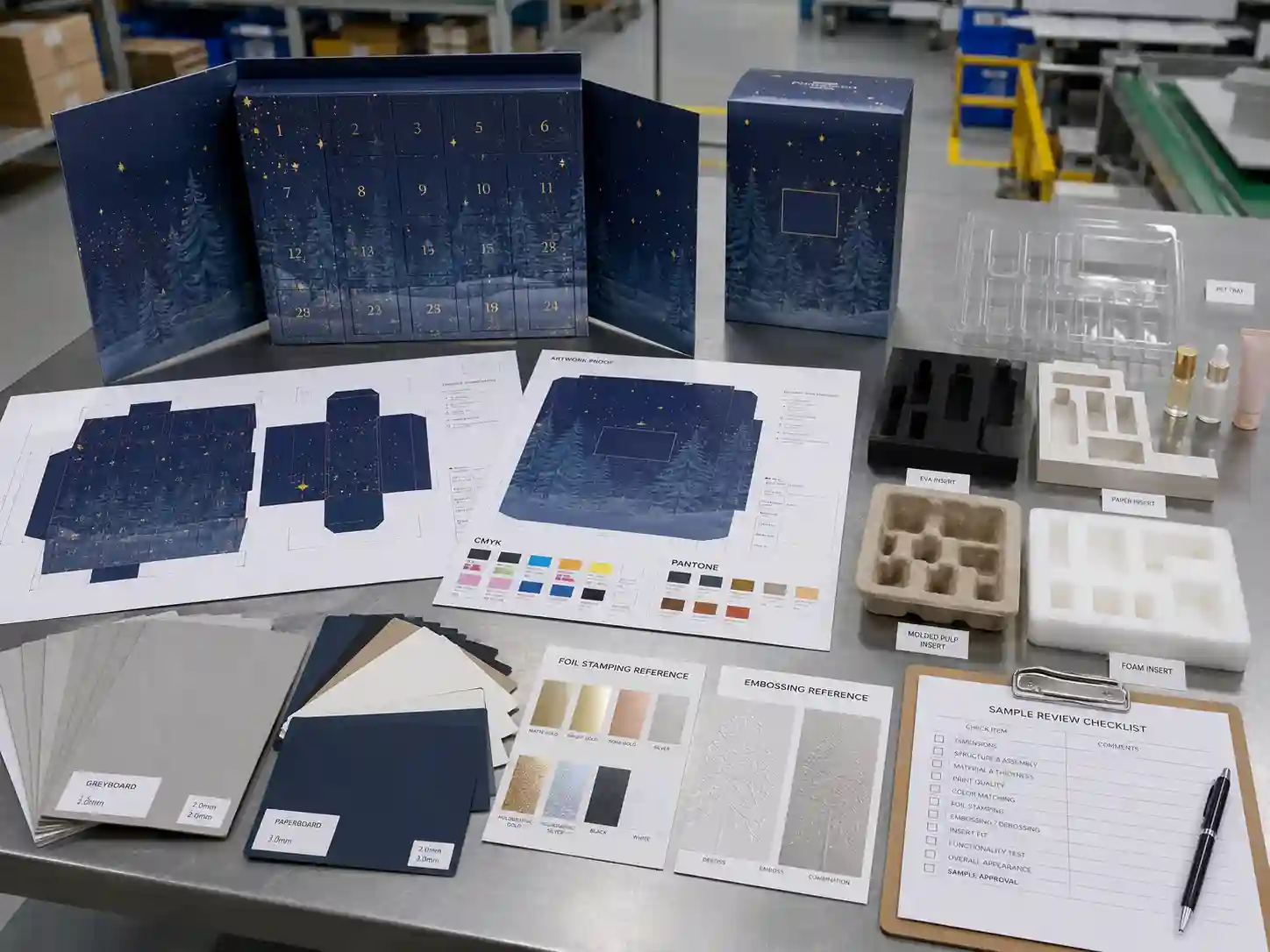 Beauty advent calendar box development table with dielines, material swatches, insert samples, and artwork proof