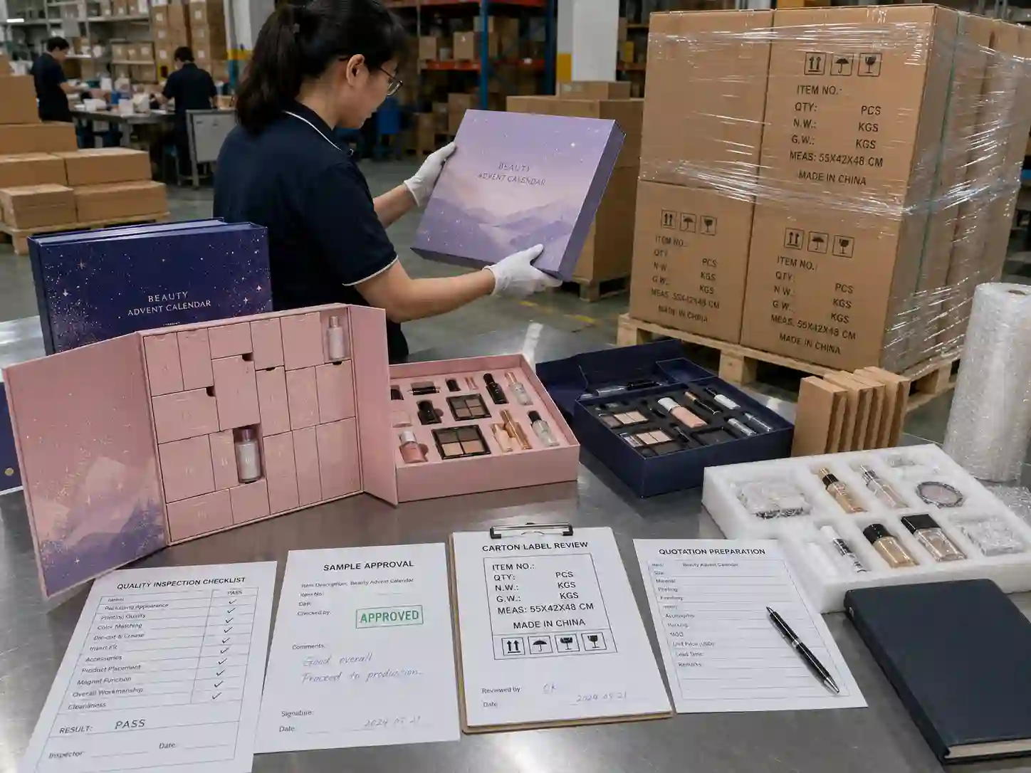 QC and export packing review for beauty gift set advent calendar boxes with cartons and inspection checklist