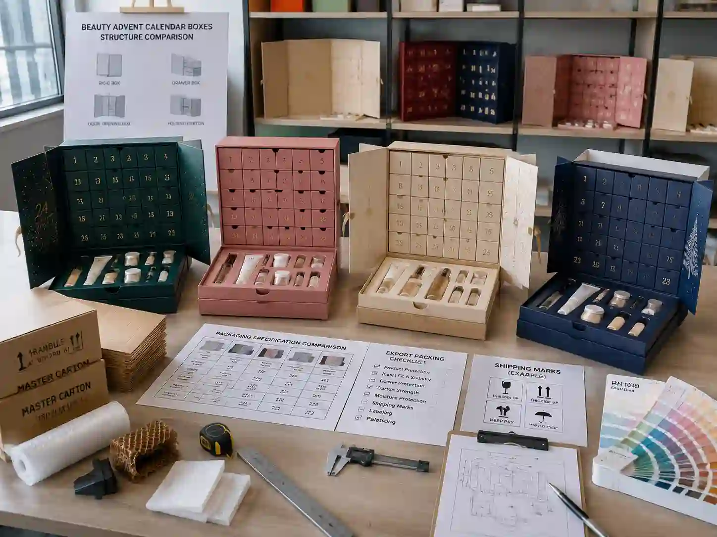 Beauty gift set advent calendar box export packing structure comparison with cosmetic packaging samples