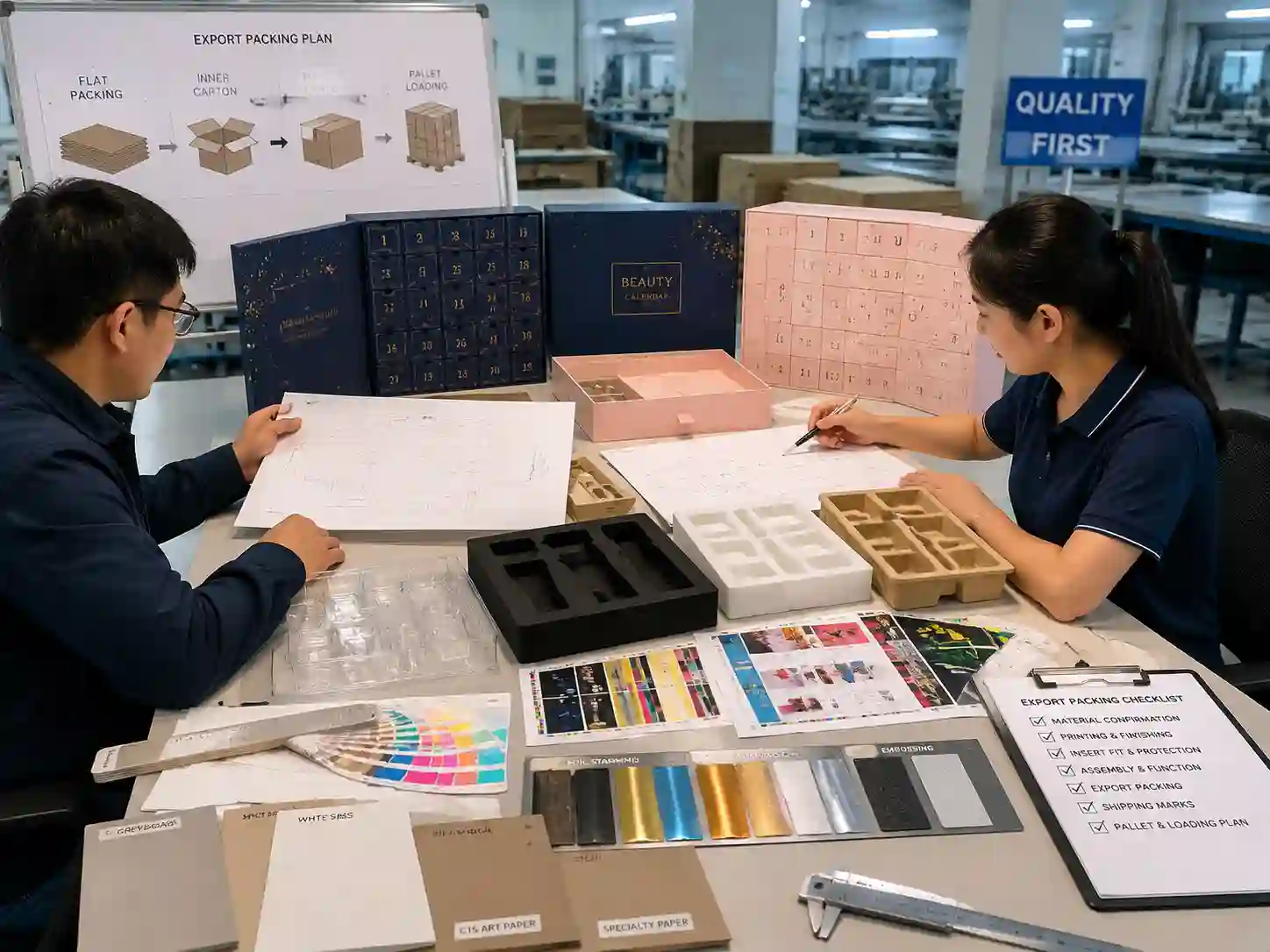 Packaging engineers reviewing beauty advent calendar box materials inserts and export preparation samples