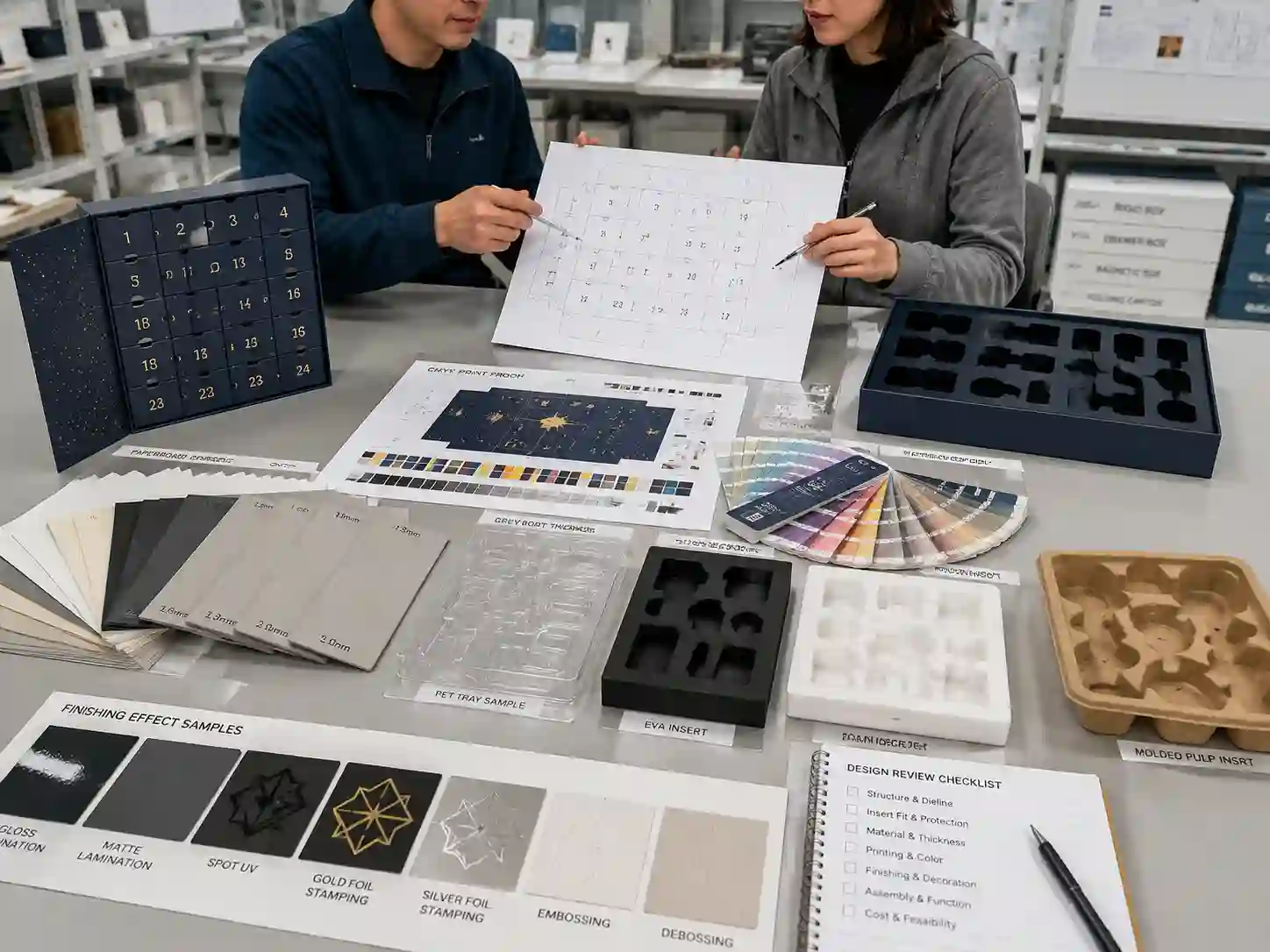 Packaging engineers reviewing insert materials and prototypes for beauty advent calendar box development