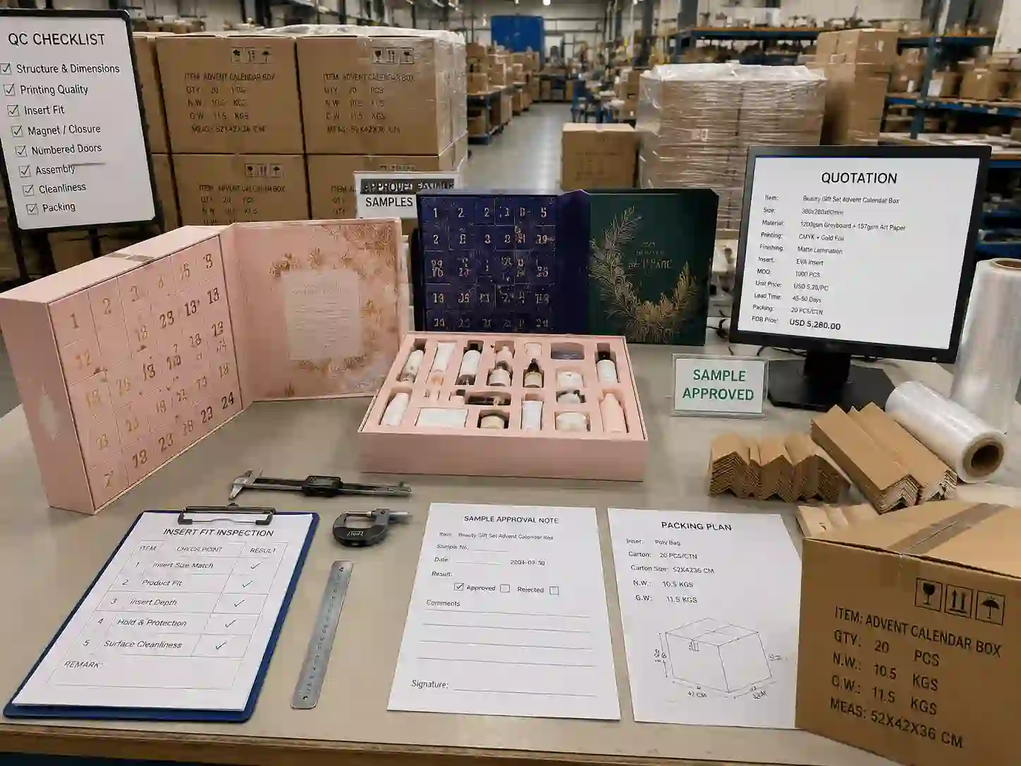 QC and export packing inspection for beauty advent calendar boxes with insert design approval documents