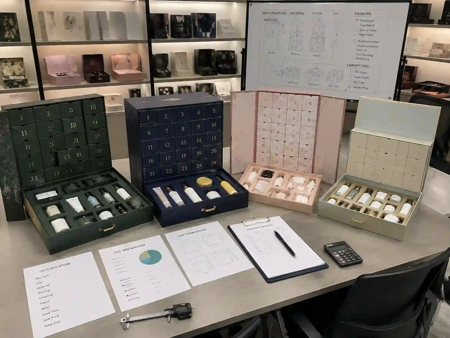 B2B beauty gift set advent calendar box structure comparison with rigid box drawer box and folding carton samples