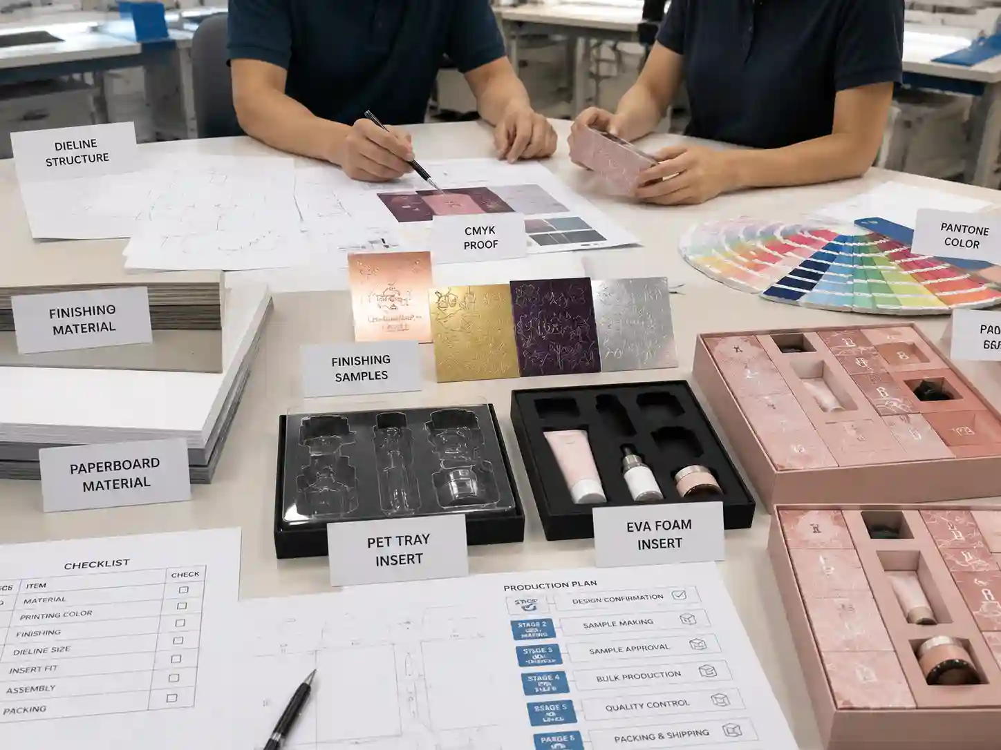 Packaging engineers reviewing printing proofs, materials, and inserts for beauty advent calendar boxes