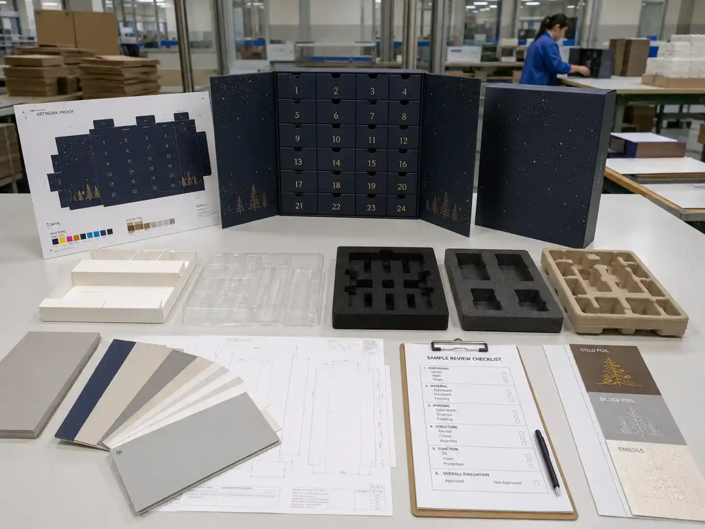 Factory planning table for beauty advent calendar boxes with dielines, material swatches, insert samples, and artwork proofs