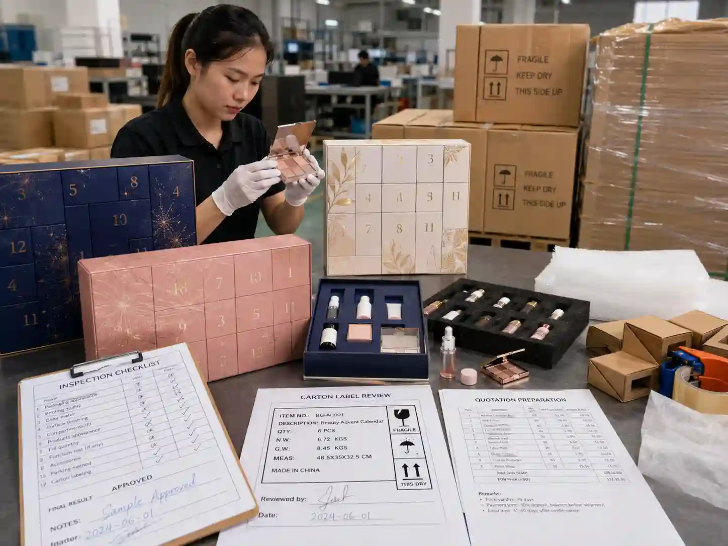QC and export packing scene for beauty advent calendar boxes with inspection checklist, cartons, pallet wrap, and quotation documents