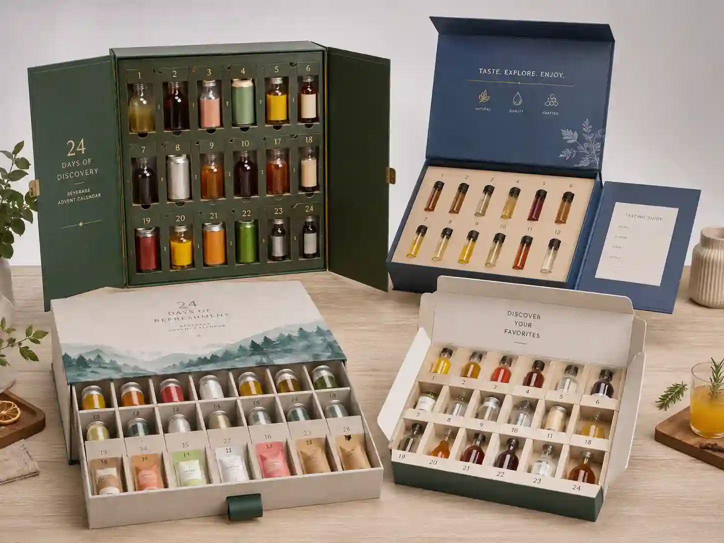 Finished beverage advent calendar boxes with mini bottles, cans, sachets, and fitted inserts for B2B packaging comparison