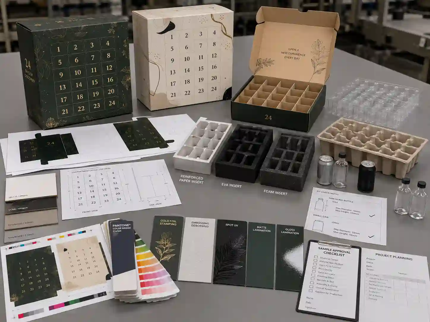 Beverage advent calendar box dieline, material swatches, insert samples, and artwork proof for factory production planning
