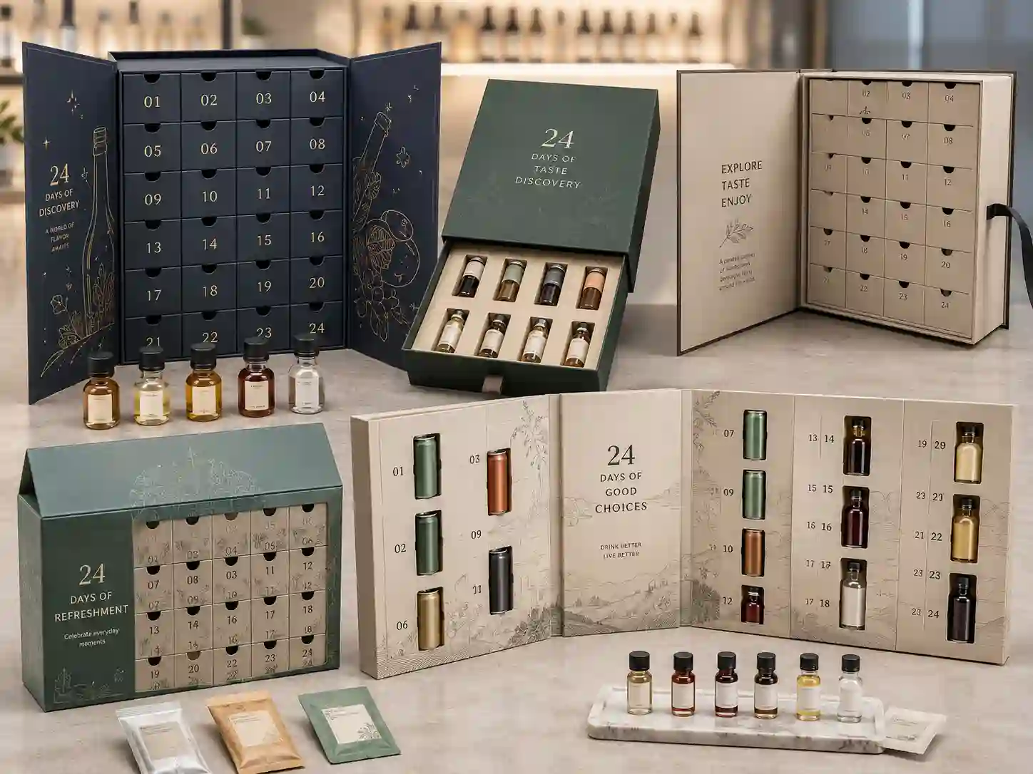 Finished beverage sample advent calendar boxes with different structures and fitted compartments for mini bottles and cans