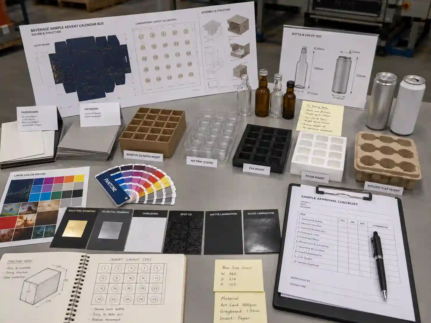 Beverage advent calendar box dieline, insert samples, material swatches, and printing proof review on a factory table