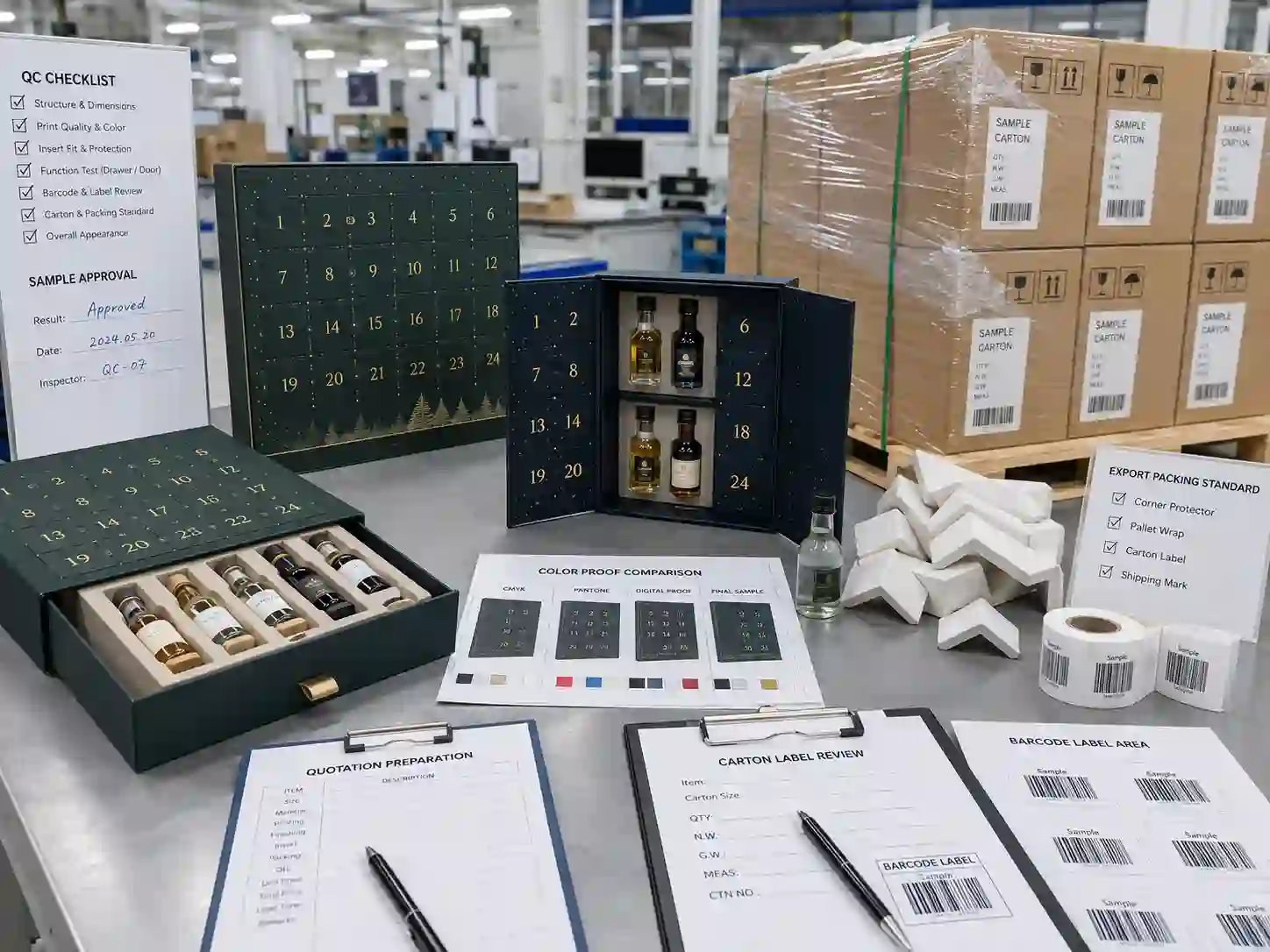 QC and export packing check for beverage advent calendar boxes with cartons, pallet wrap, labels, and sample approval notes