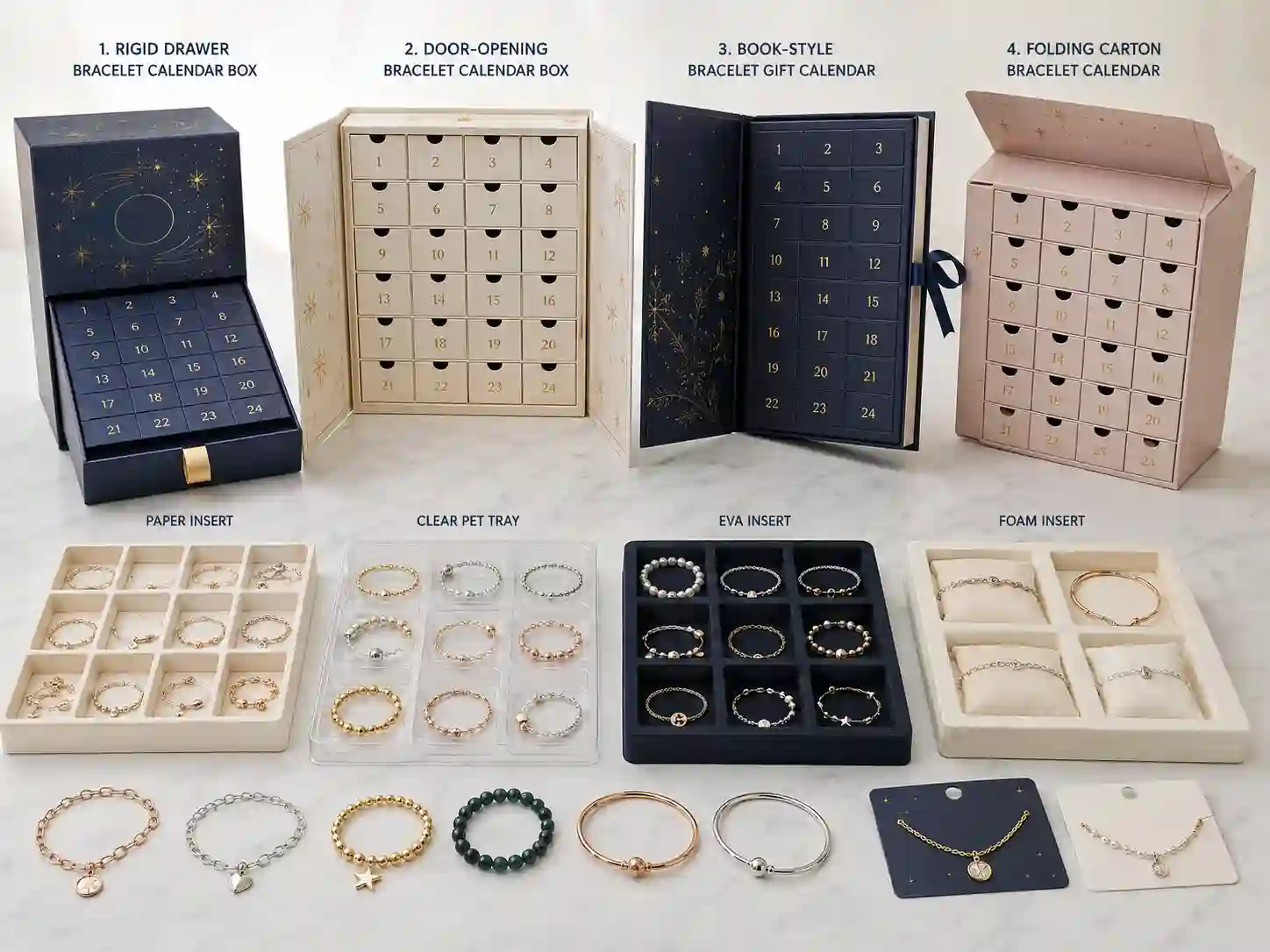 Finished bracelet advent calendar box structure comparison with bracelet inserts for B2B packaging buyers