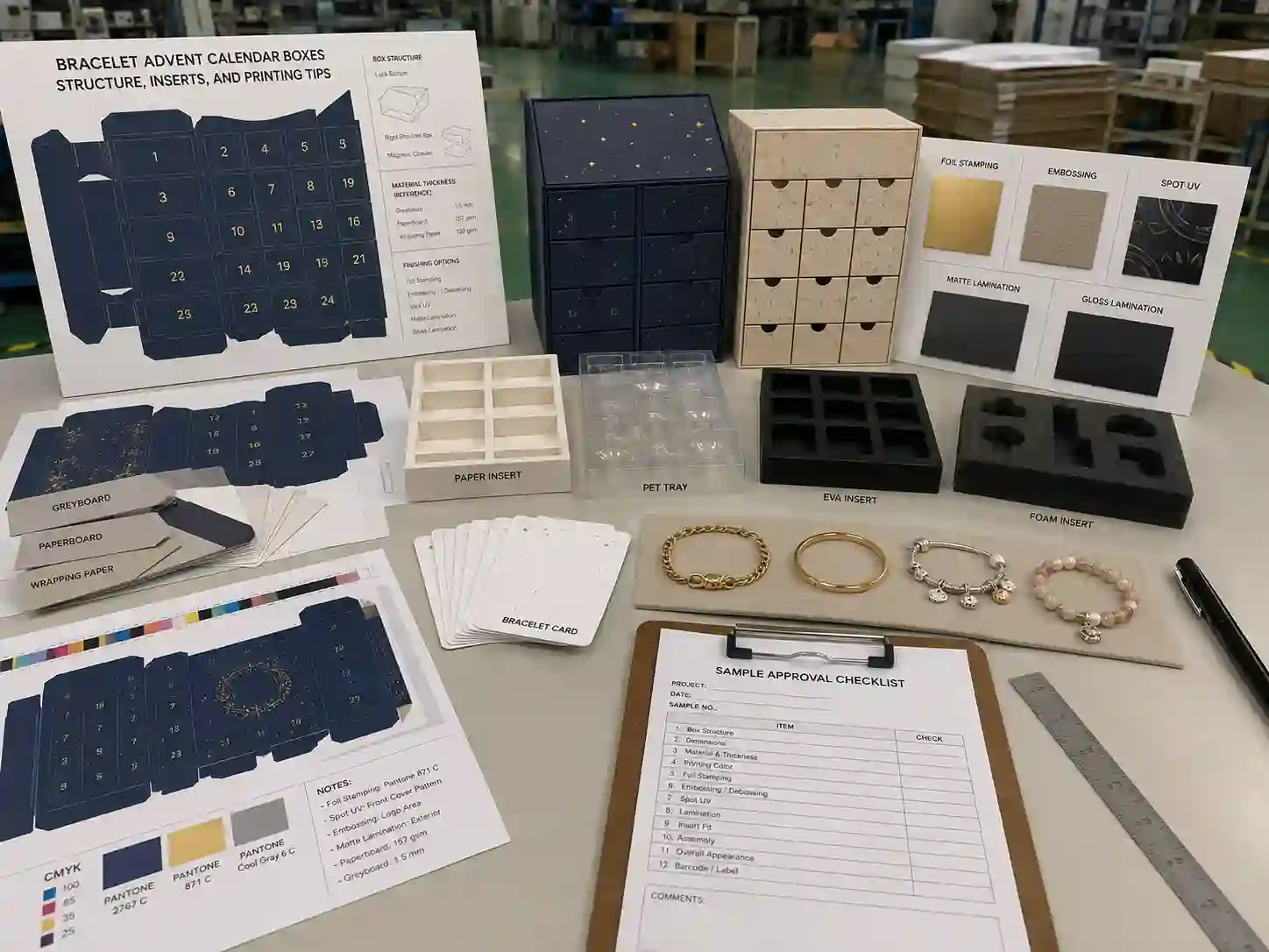 Bracelet advent calendar box dieline, material swatches, insert samples, and artwork proof on factory table