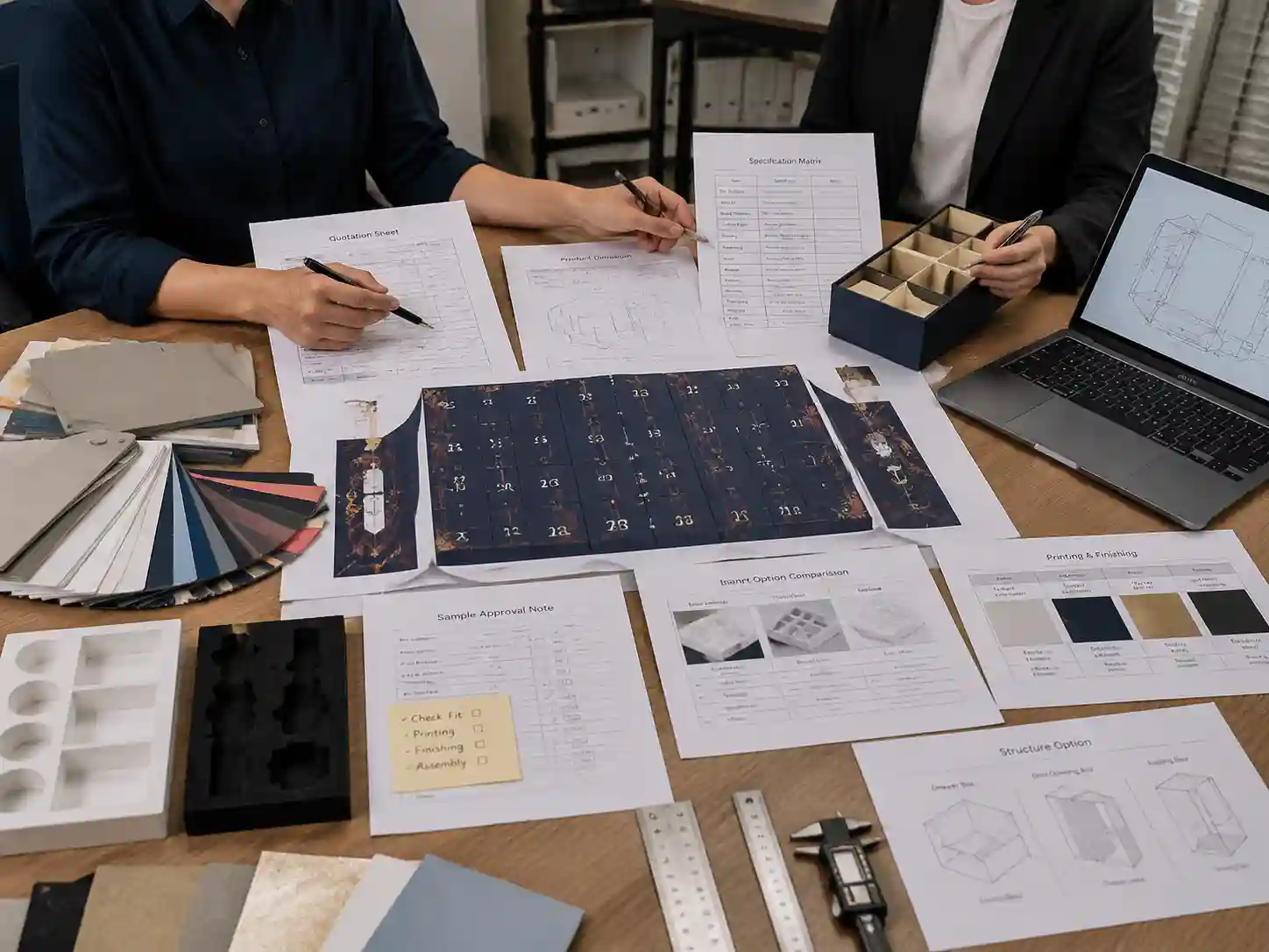 Packaging buyers reviewing an advent calendar packaging specification sheet with quotation documents, dimensions, materials, and approval samples.