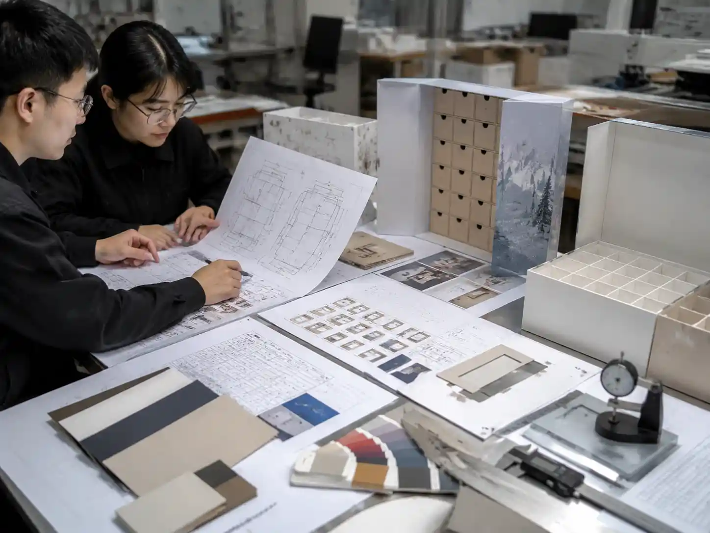 Packaging engineers validating advent calendar box specifications with drawings, measurements, samples, and technical documents.