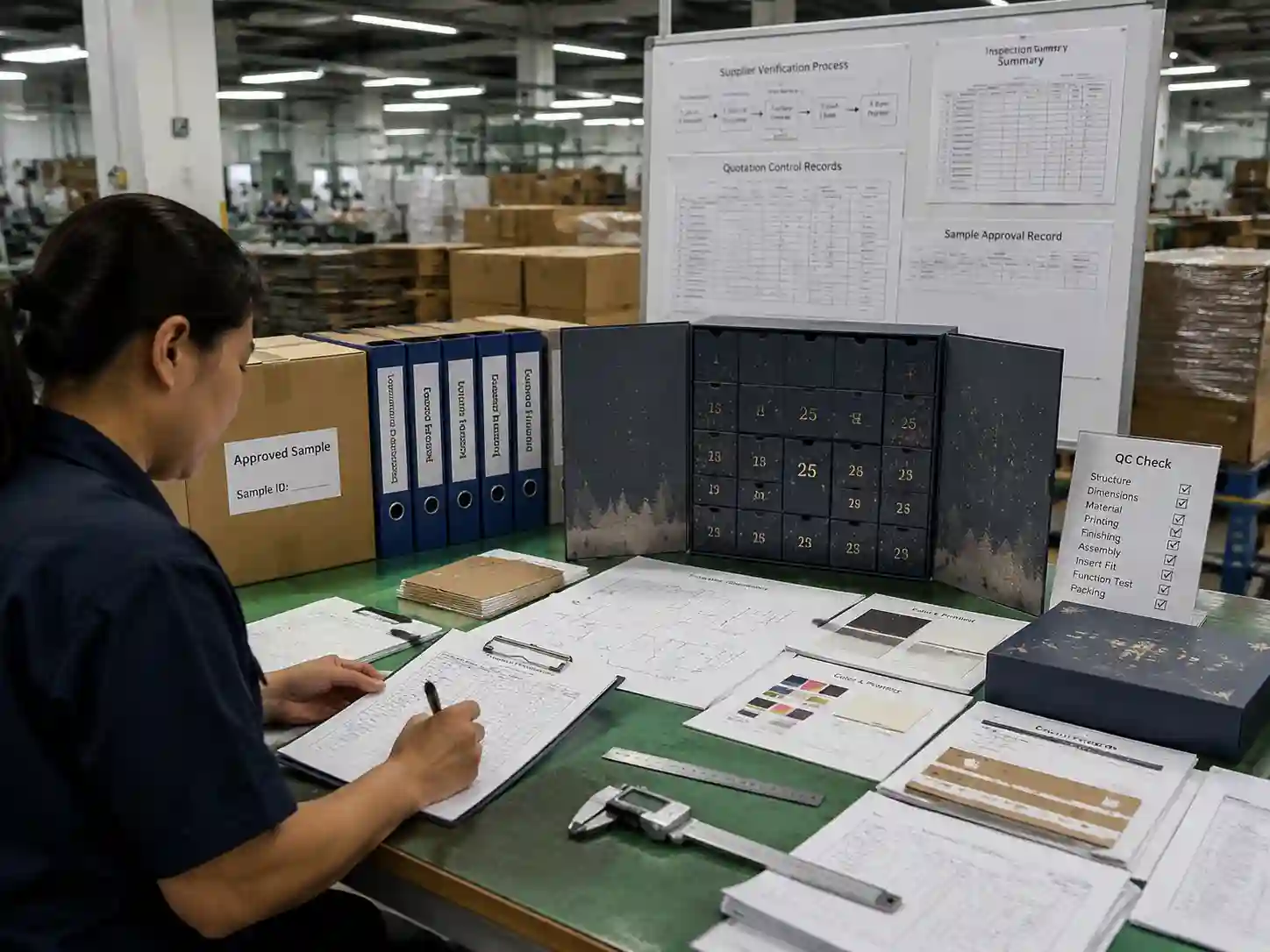 Quality control staff verifying advent calendar packaging specifications with inspection records, measurements, and approved samples.