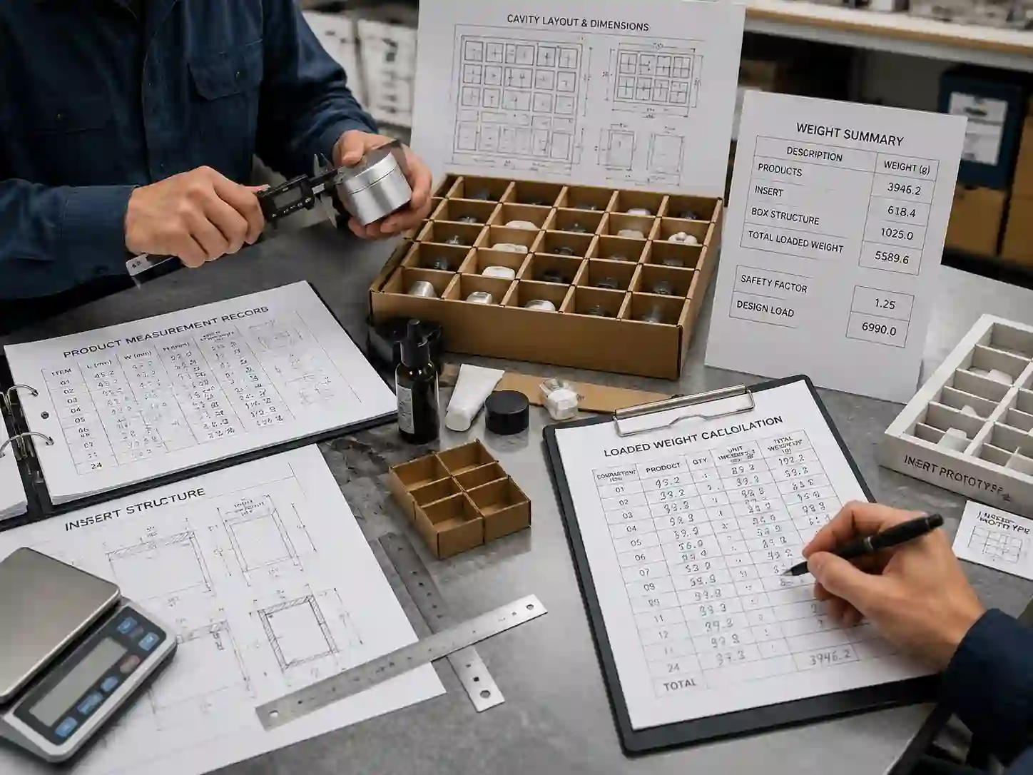 Packaging engineers measuring product samples and insert prototypes for loaded advent calendar weight calculation