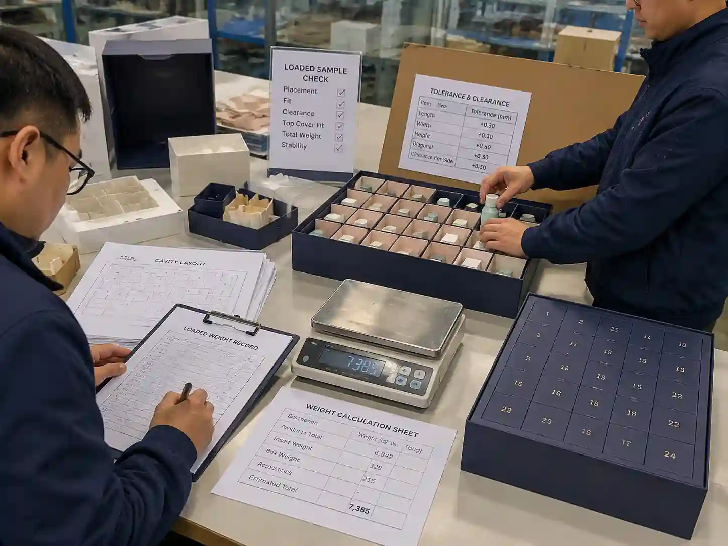 Engineers validating loaded advent calendar samples with product weights and insert testing records