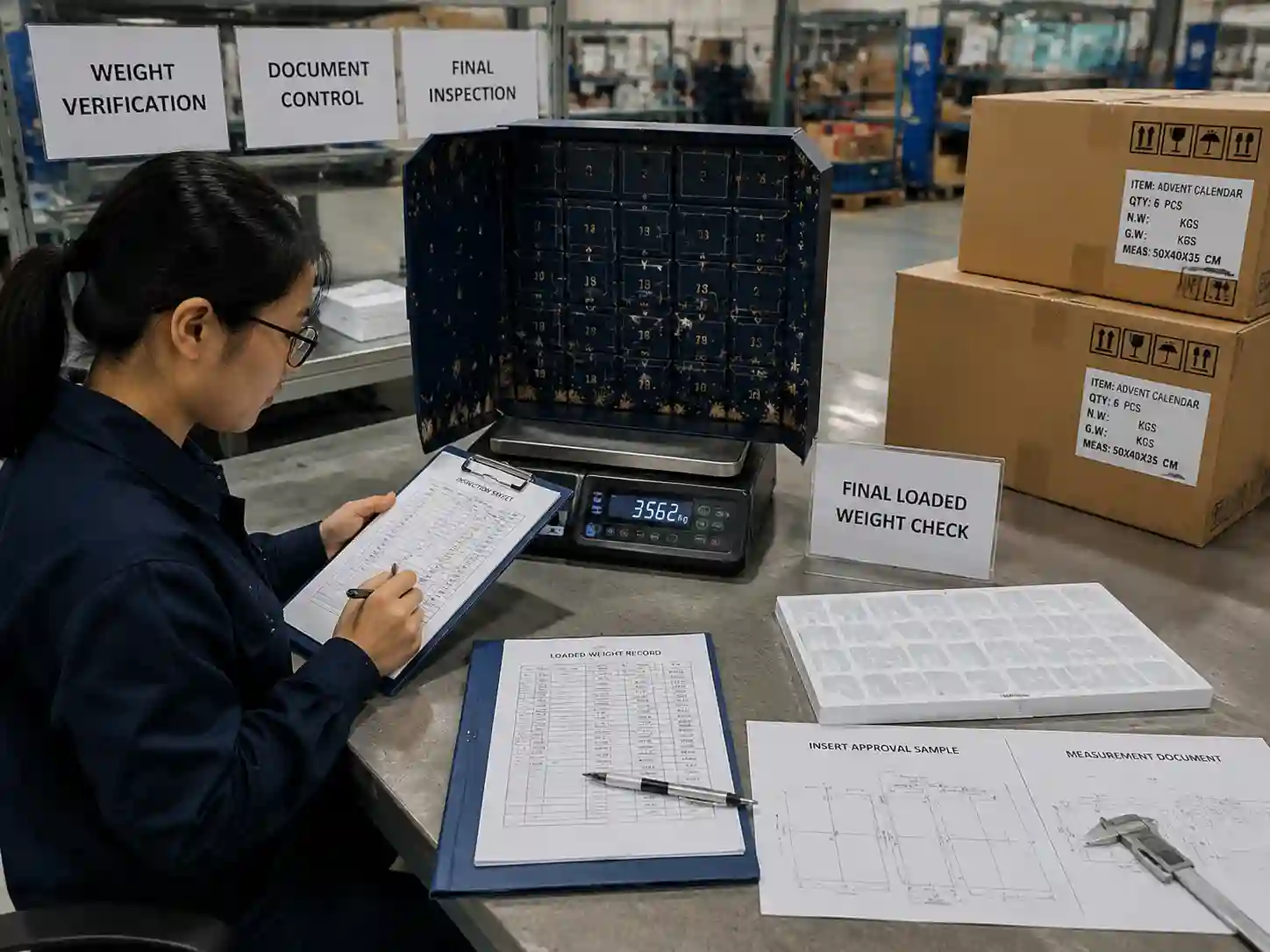 Quality control staff verifying loaded advent calendar weight records and packaging inspection documents