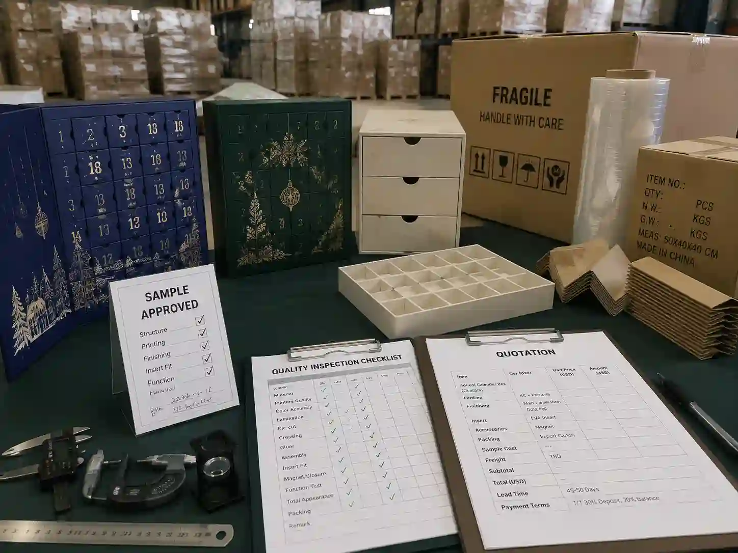 Quality control and export packing preparation for custom advent calendar campaign boxes