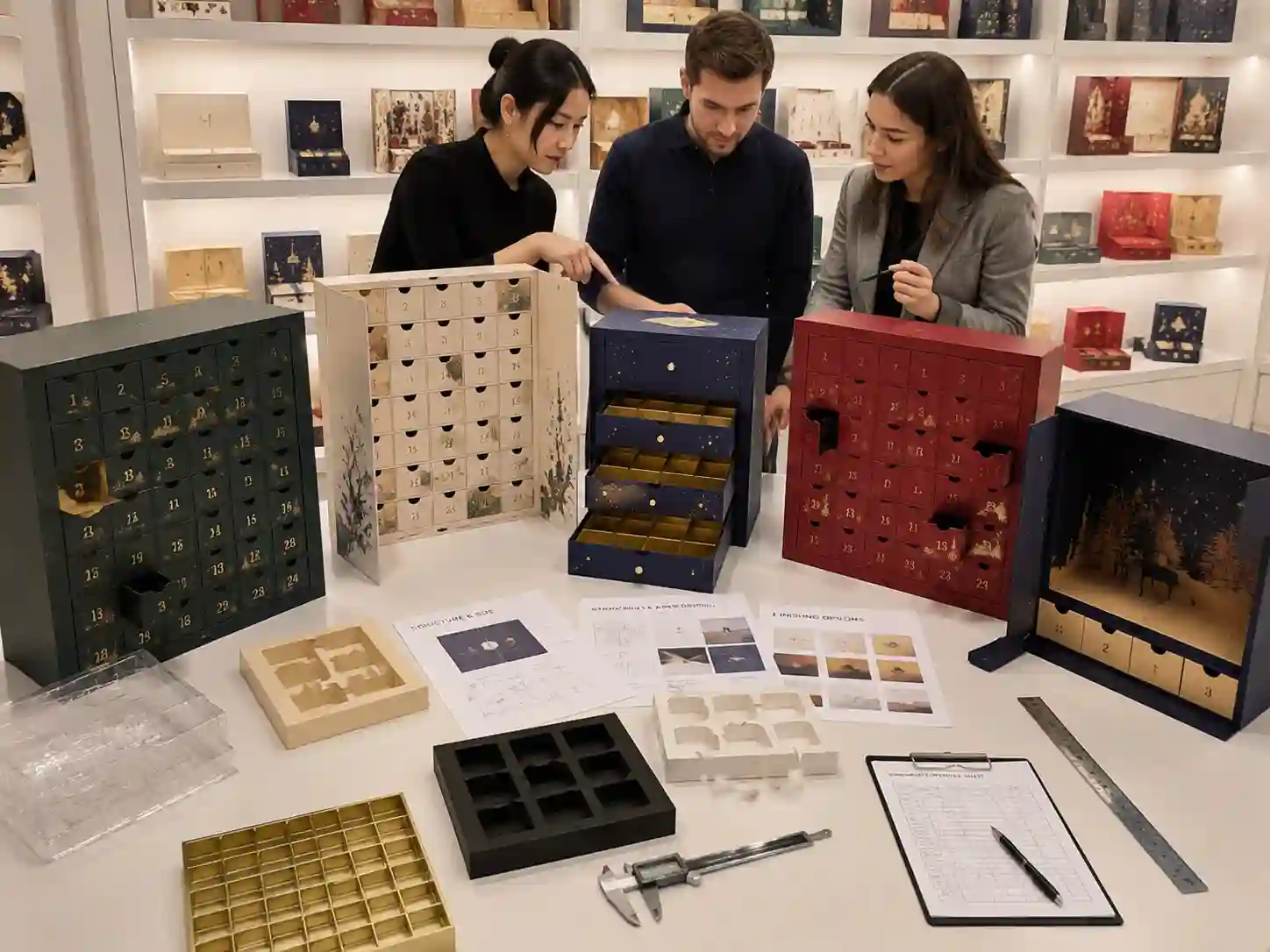 Retail display advent calendar boxes comparison with rigid, folding carton, drawer, and door-opening structures