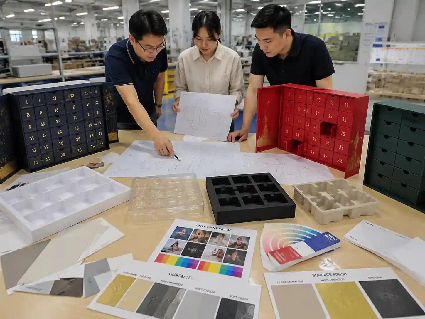 Packaging engineers developing retail display advent calendar boxes with dielines, inserts, and material samples