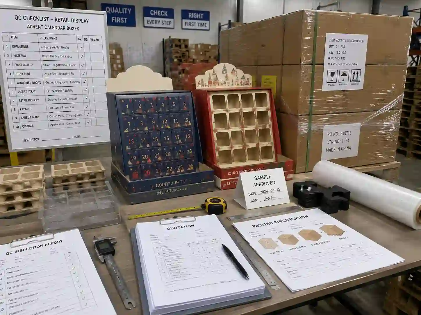 QC inspection and export packing preparation for retail display advent calendar boxes